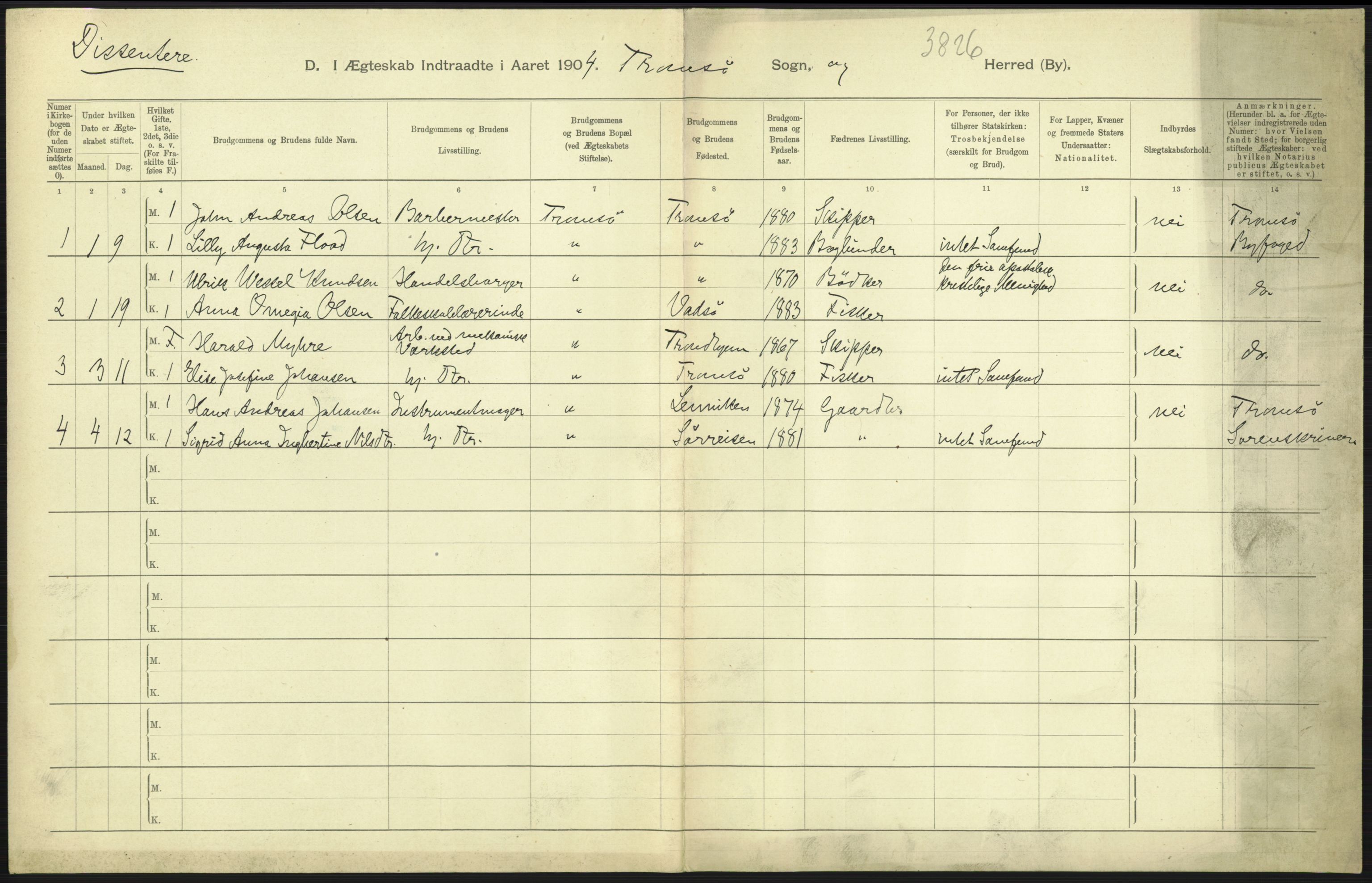 Statistisk sentralbyrå, Sosiodemografiske emner, Befolkning, AV/RA-S-2228/D/Df/Dfa/Dfab/L0022: Tromsø amt: Fødte, gifte, døde, 1904, s. 373