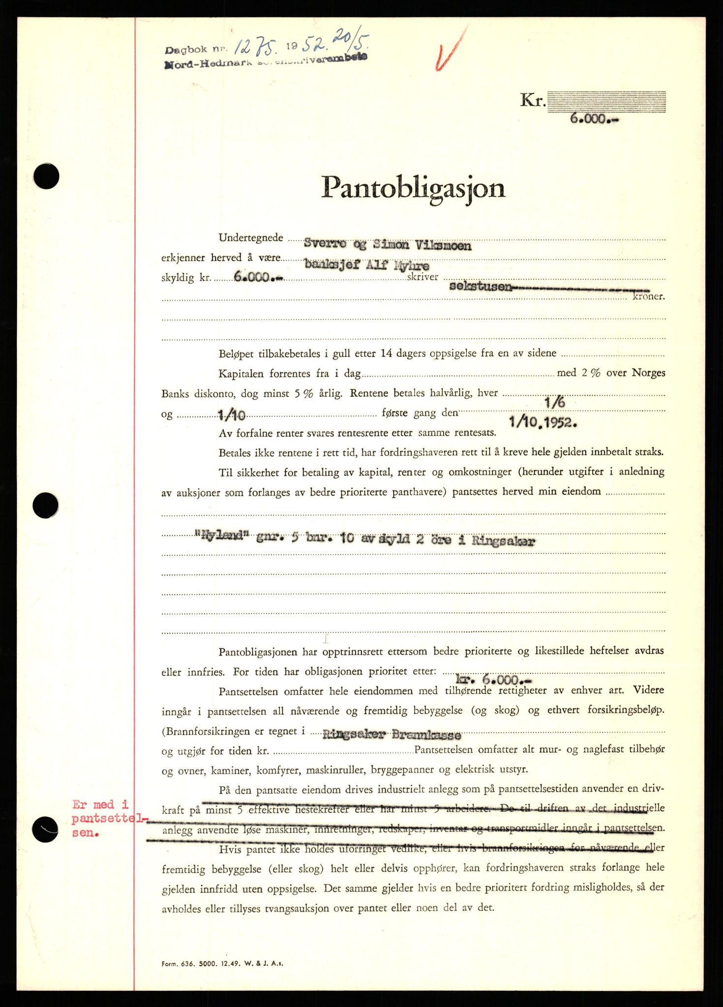 Nord-Hedmark sorenskriveri, SAH/TING-012/H/Hb/Hbf/L0025: Pantebok nr. B25, 1952-1952, Dagboknr: 1275/1952