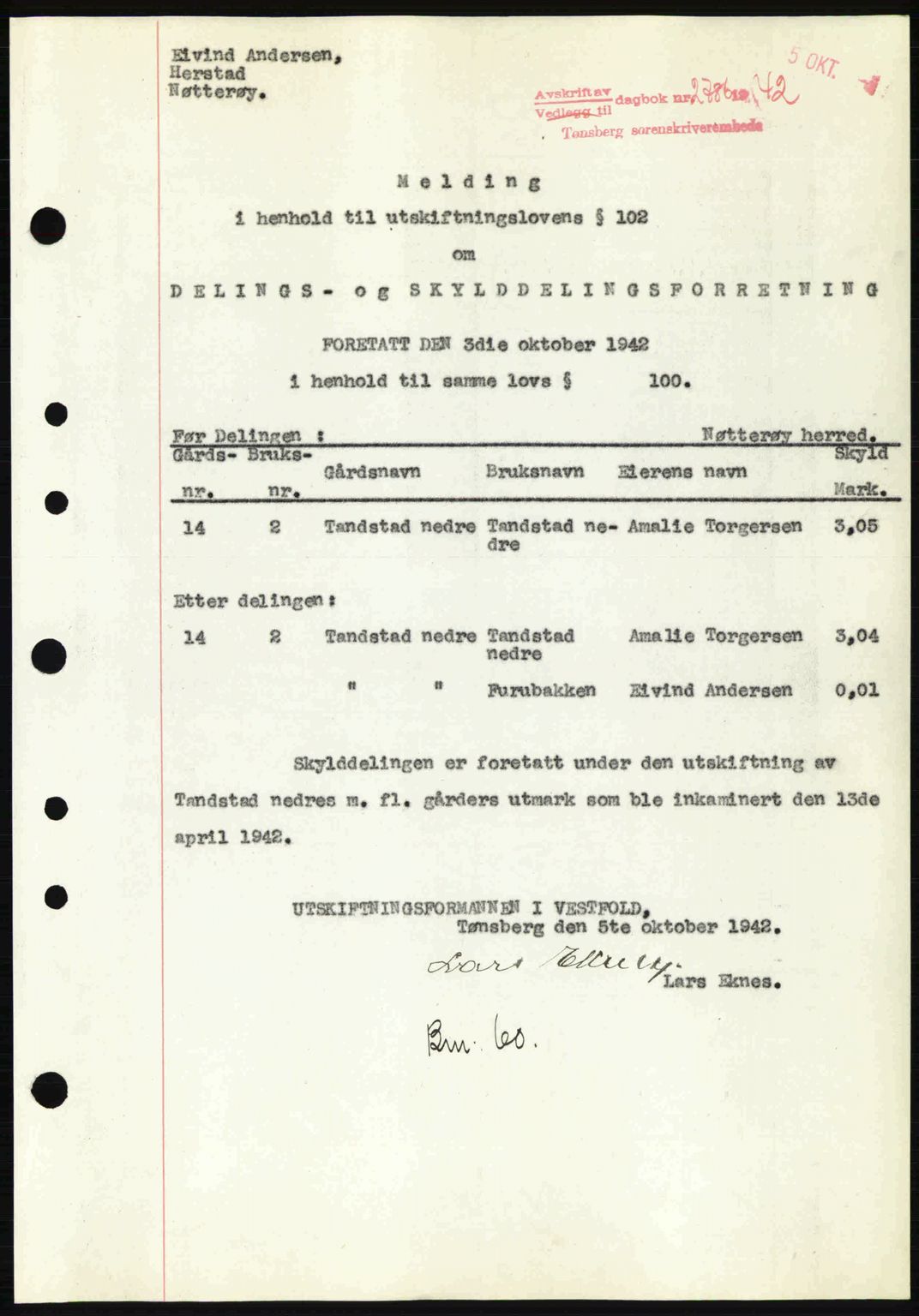 Tønsberg sorenskriveri, AV/SAKO-A-130/G/Ga/Gaa/L0012: Pantebok nr. A12, 1942-1943, Dagboknr: 2786/1942