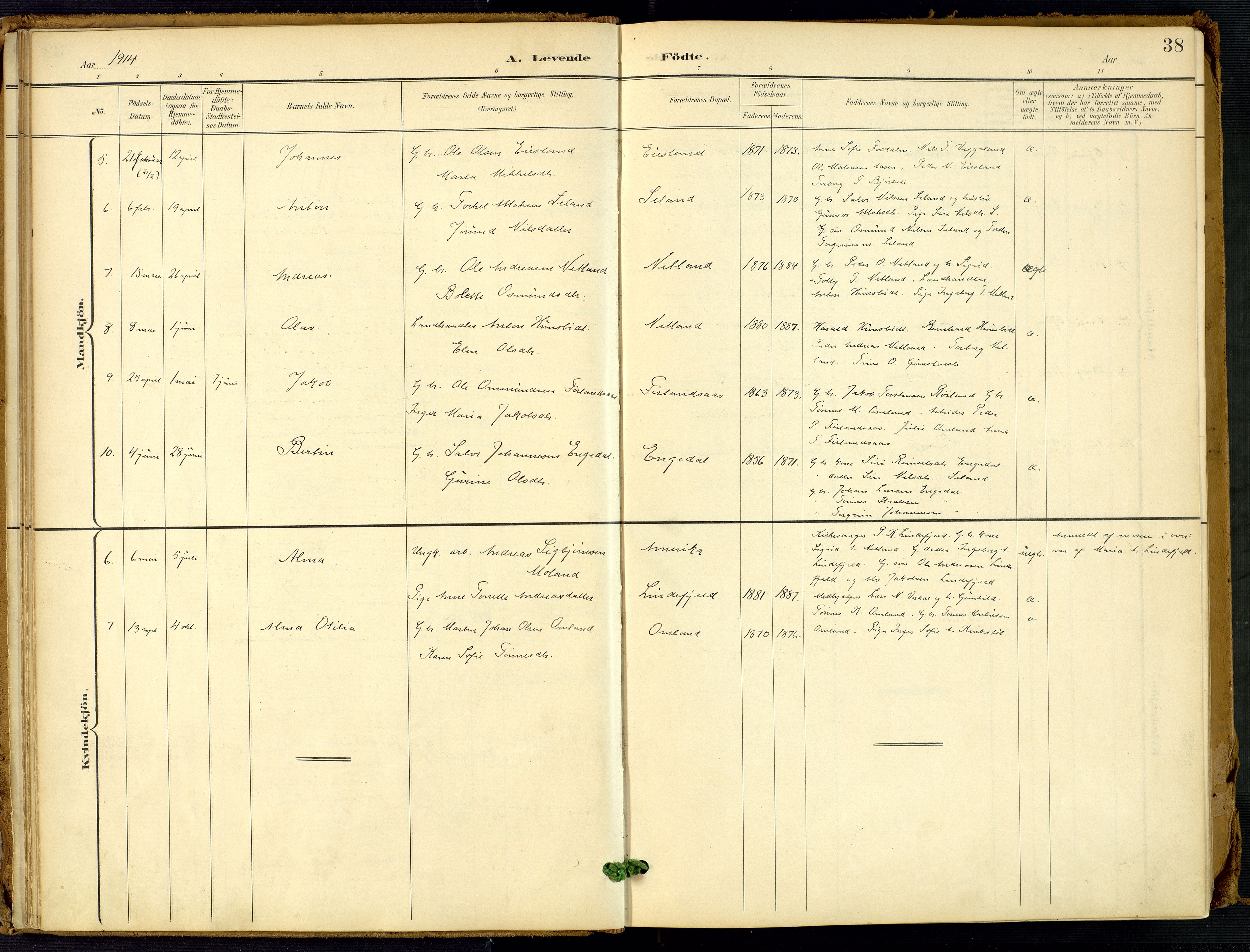 Fjotland sokneprestkontor, AV/SAK-1111-0010/F/Fa/L0003: Ministerialbok nr. A 3, 1899-1917, s. 38