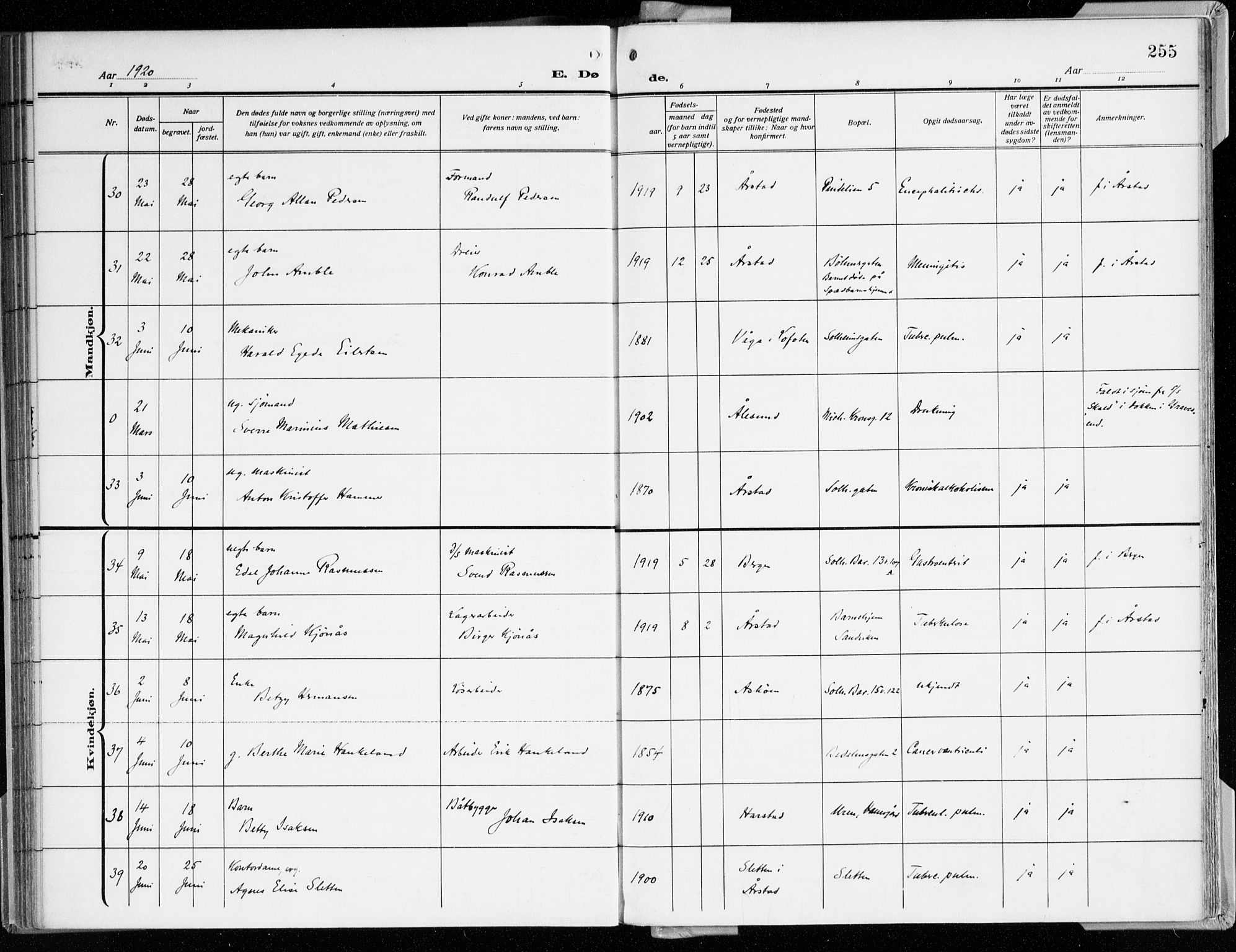 Årstad Sokneprestembete, AV/SAB-A-79301/H/Haa/L0003: Ministerialbok nr. A 3, 1914-1919, s. 255