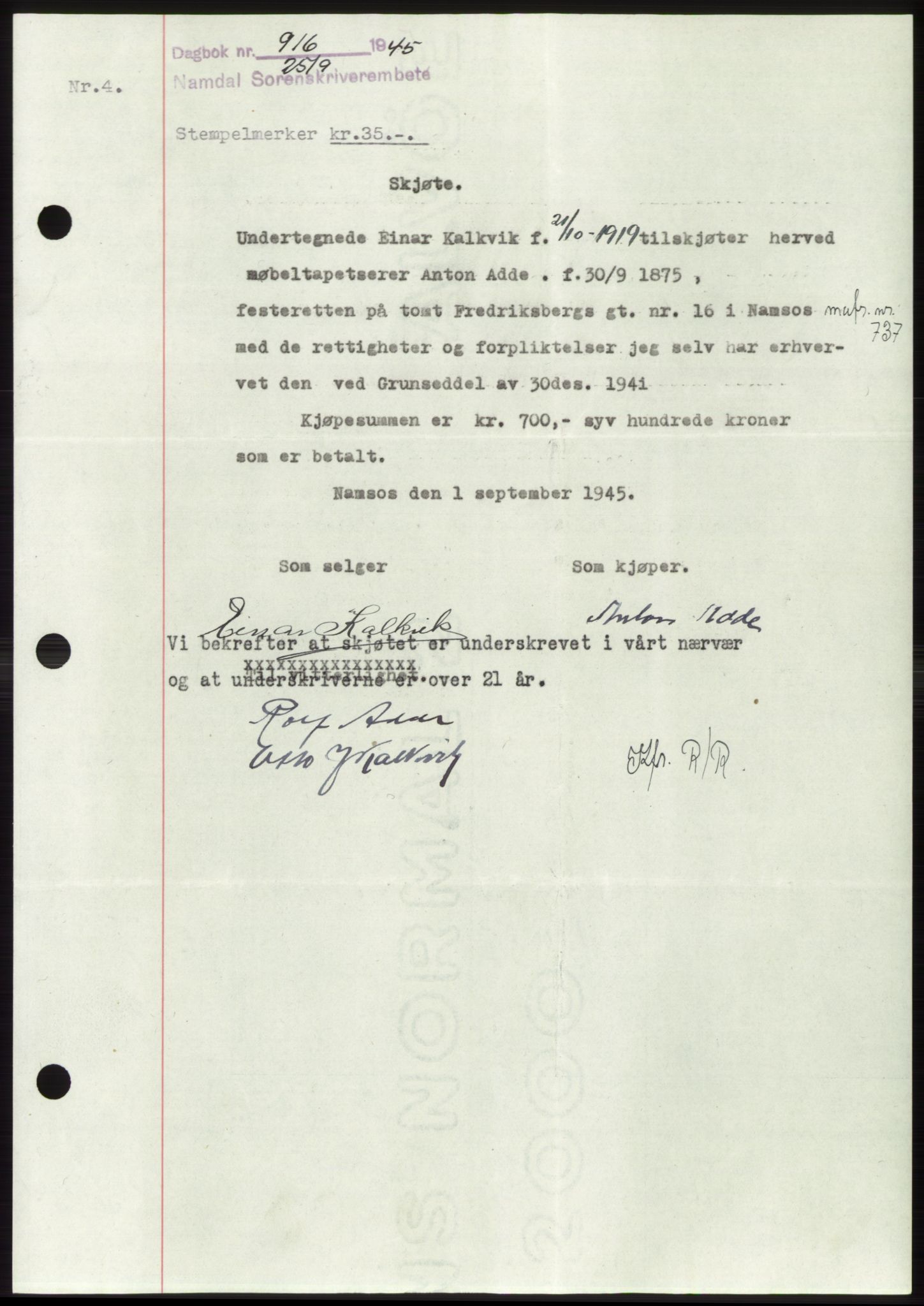Namdal sorenskriveri, SAT/A-4133/1/2/2C: Pantebok nr. -, 1944-1945, Dagboknr: 916/1945