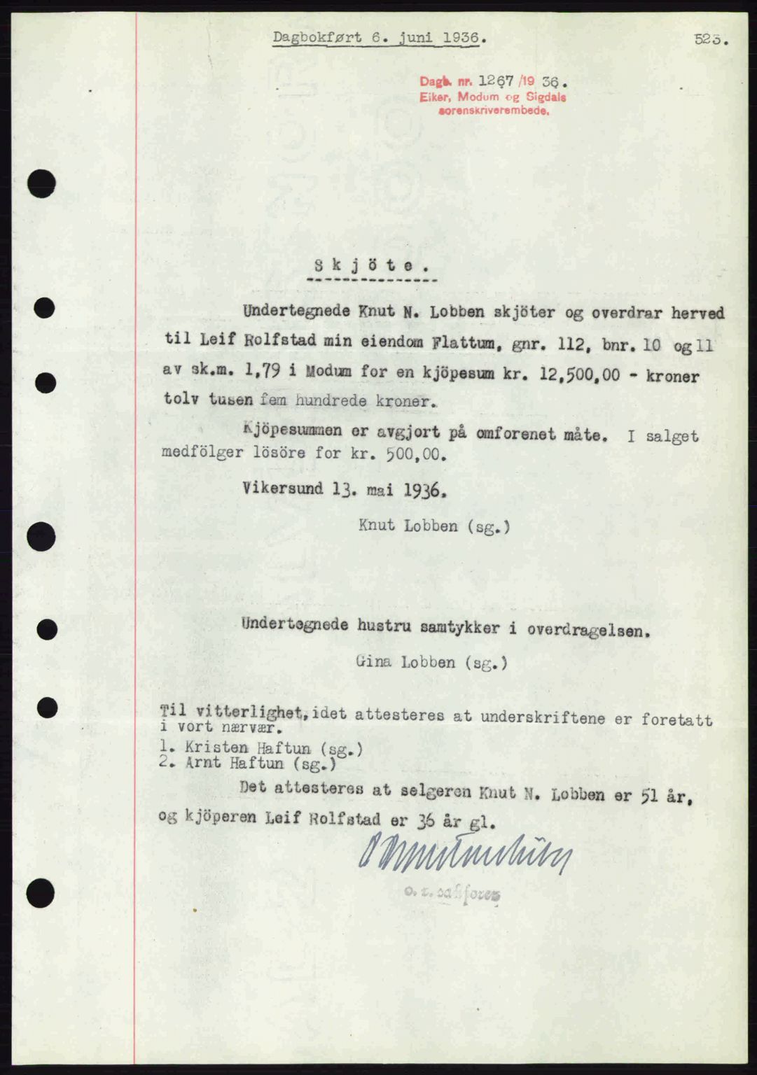 Eiker, Modum og Sigdal sorenskriveri, SAKO/A-123/G/Ga/Gab/L0032: Pantebok nr. A2, 1936-1936, Dagboknr: 1267/1936