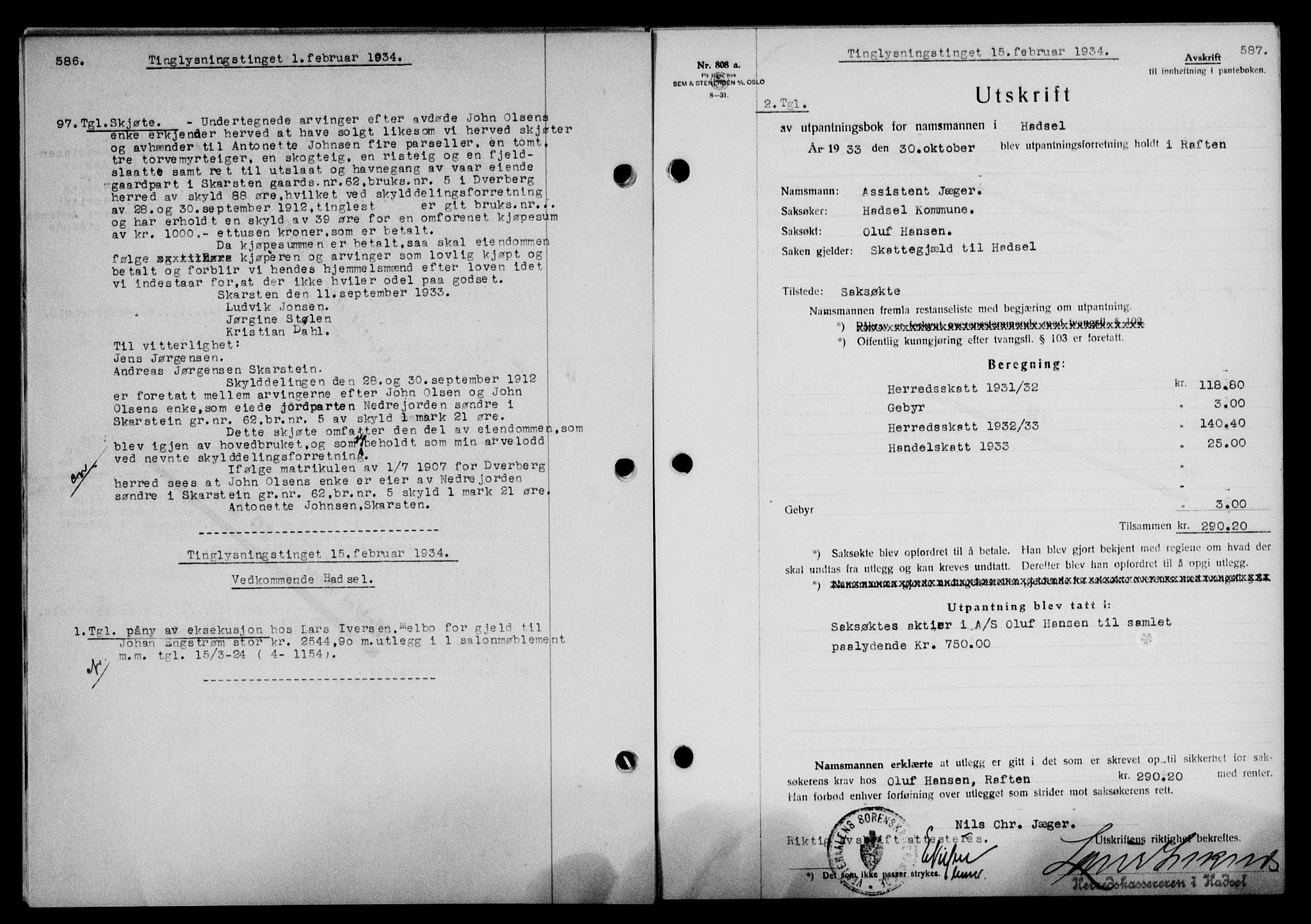 Vesterålen sorenskriveri, SAT/A-4180/1/2/2Ca/L0059: Pantebok nr. 52, 1933-1934, Tingl.dato: 15.02.1934