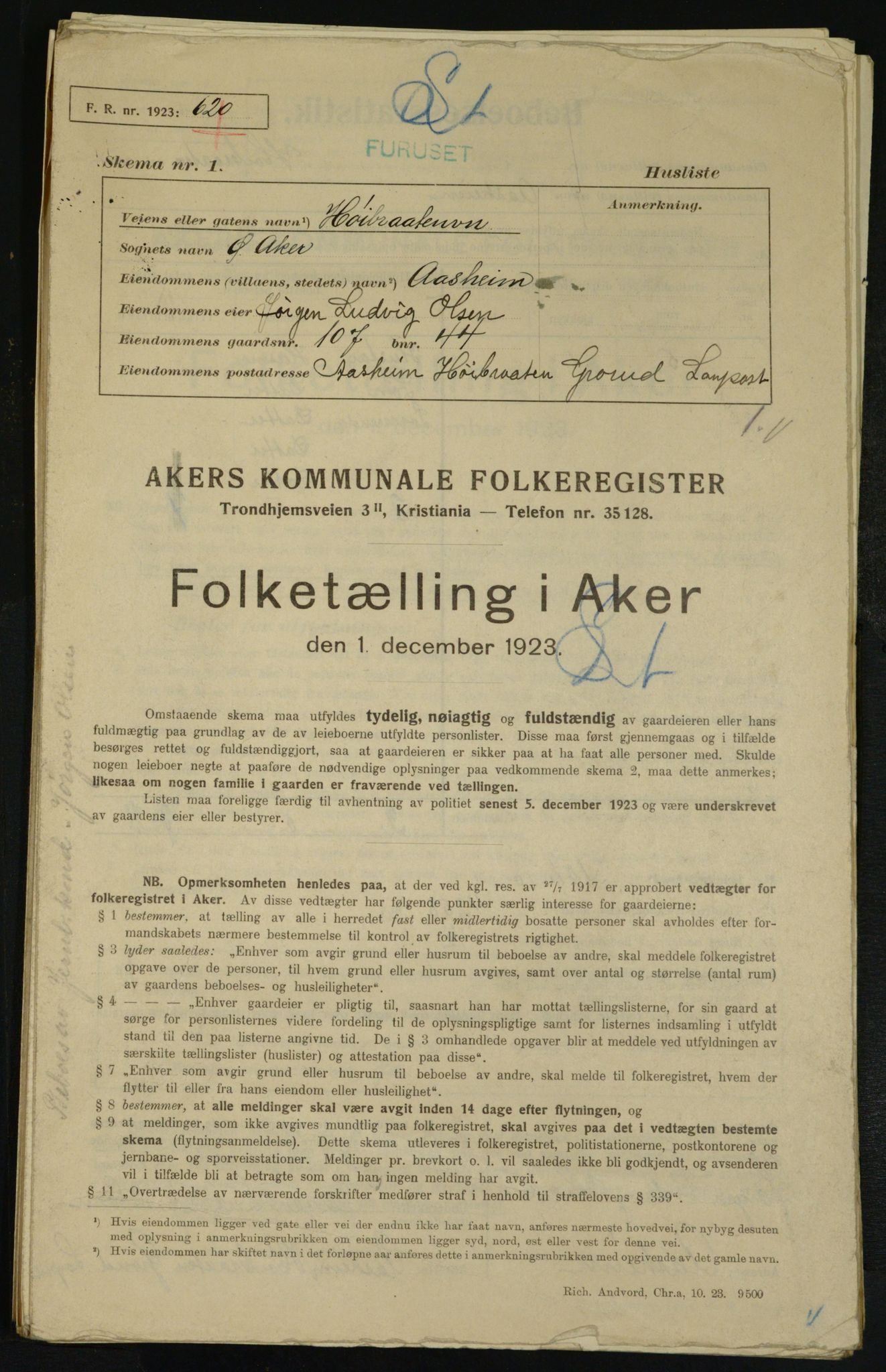 , Kommunal folketelling 1.12.1923 for Aker, 1923, s. 27275