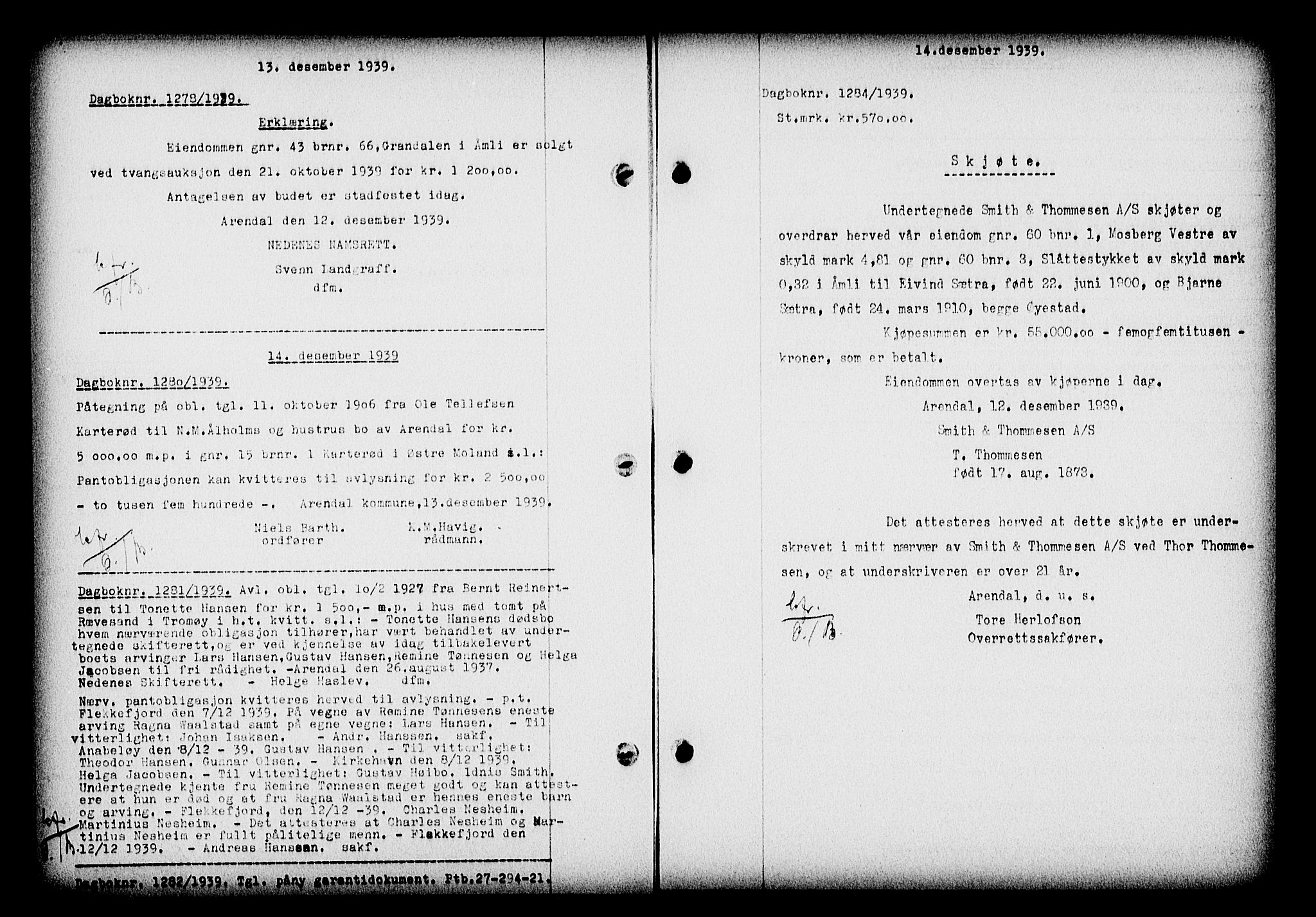 Nedenes sorenskriveri, AV/SAK-1221-0006/G/Gb/Gba/L0047: Pantebok nr. A-I, 1939-1940, Dagboknr: 1284/1939