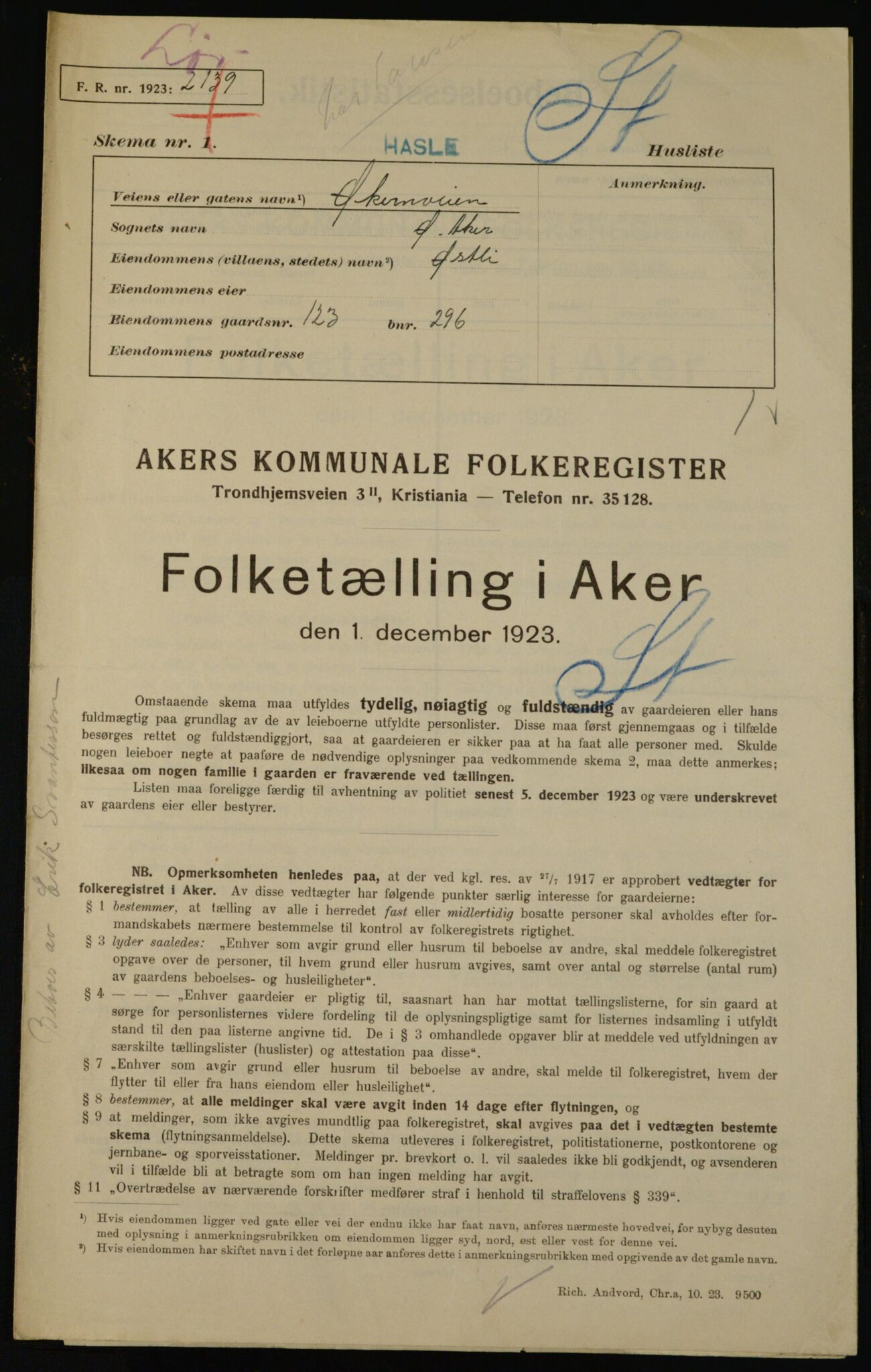 , Kommunal folketelling 1.12.1923 for Aker, 1923, s. 36018