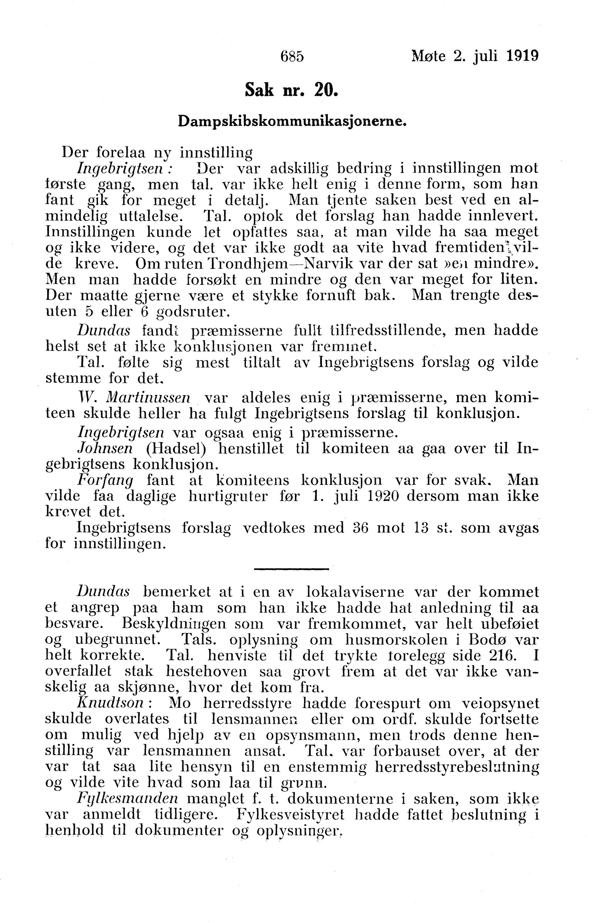 Nordland Fylkeskommune. Fylkestinget, AIN/NFK-17/176/A/Ac/L0042: Fylkestingsforhandlinger 1919, 1919