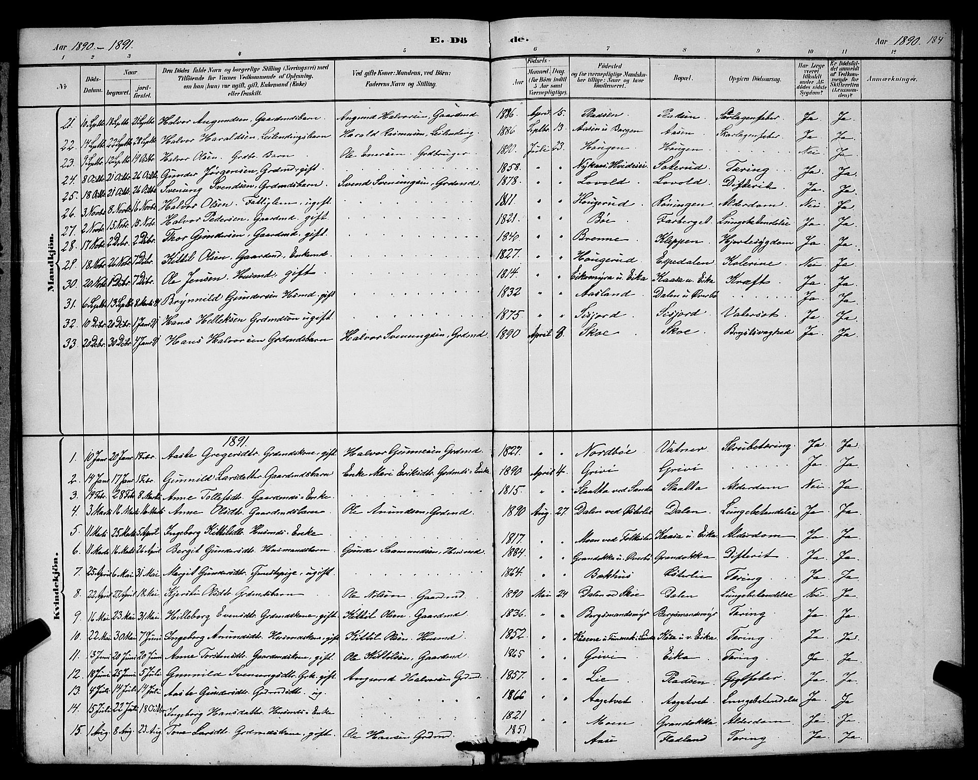 Bø kirkebøker, AV/SAKO-A-257/G/Ga/L0005: Klokkerbok nr. 5, 1883-1897, s. 184