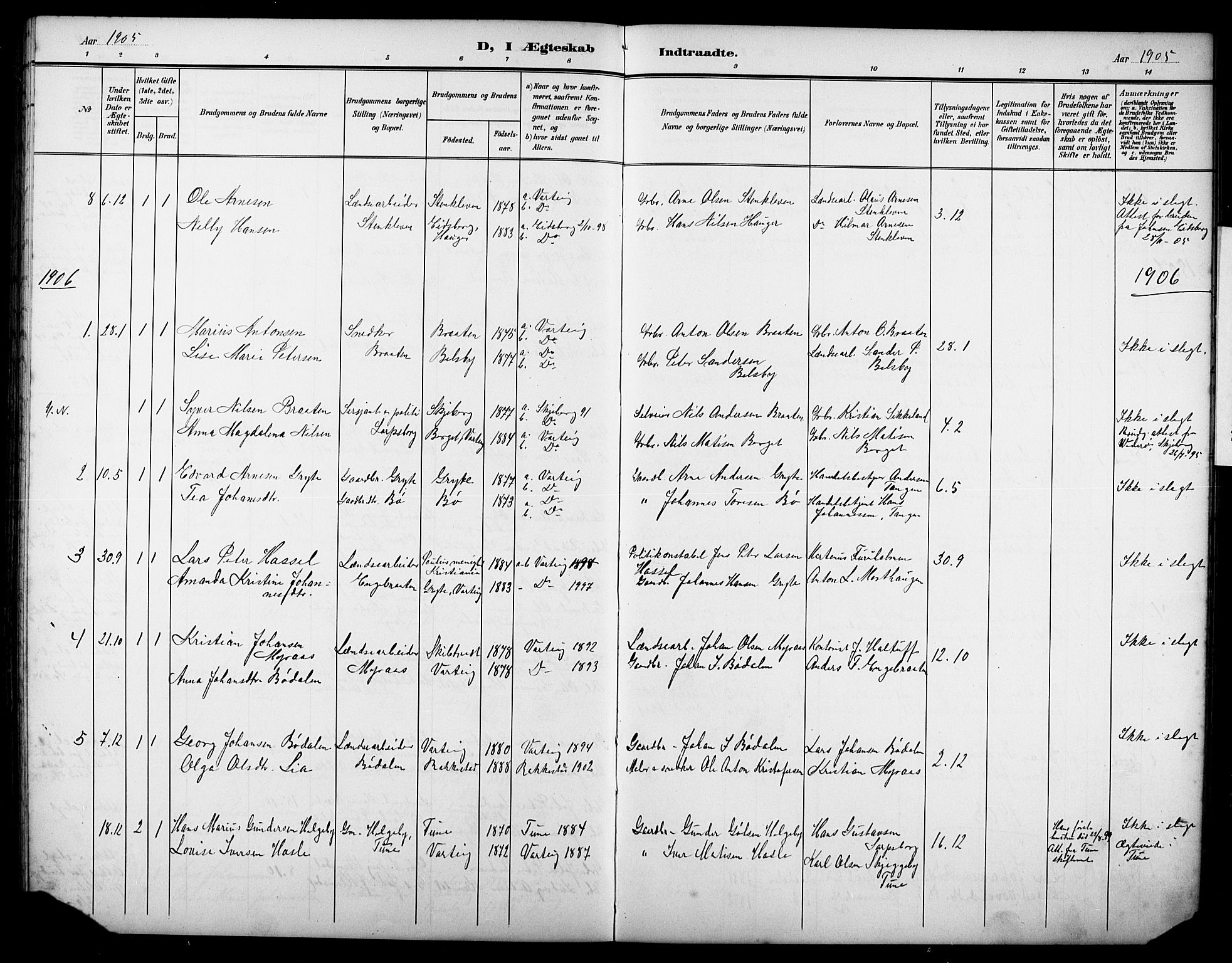 Varteig prestekontor Kirkebøker, AV/SAO-A-10447a/G/Ga/L0001: Klokkerbok nr. 1, 1902-1923