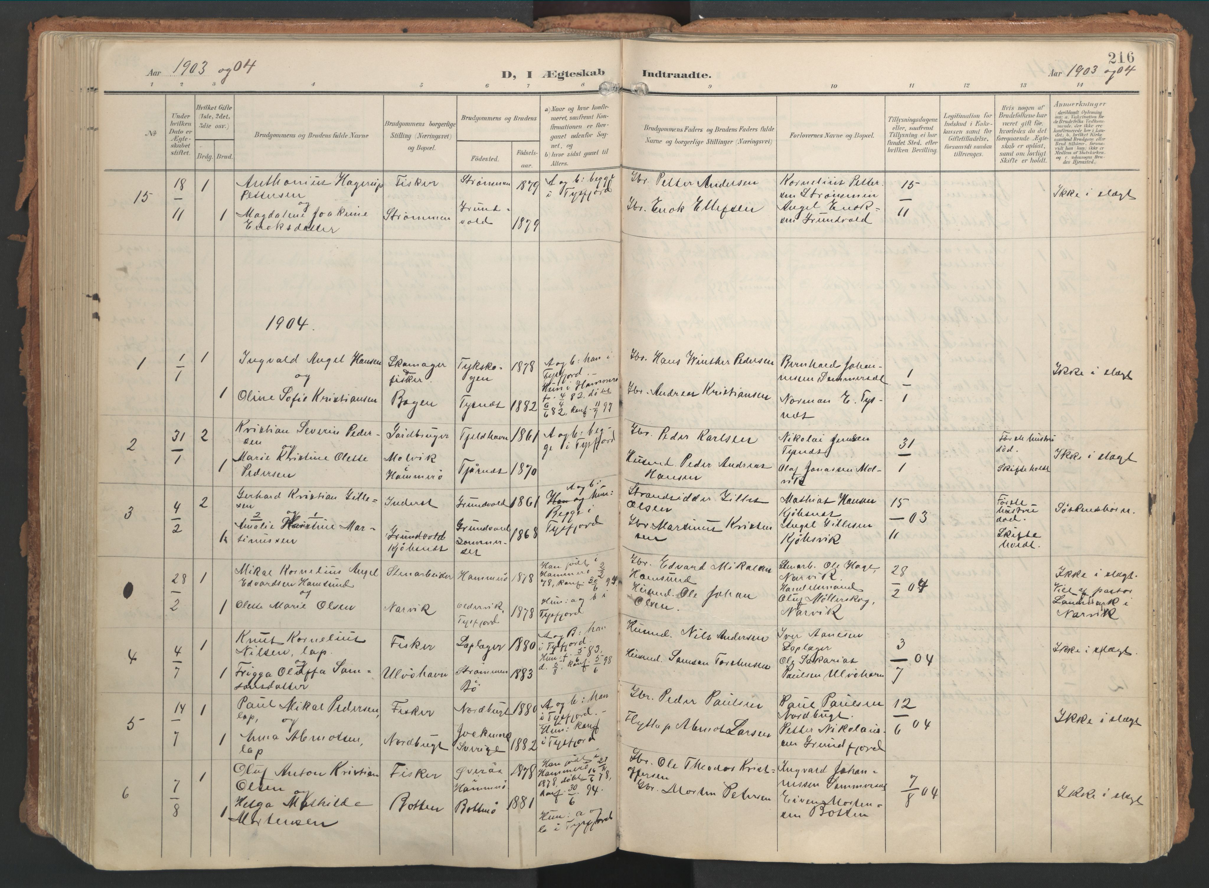 Ministerialprotokoller, klokkerbøker og fødselsregistre - Nordland, AV/SAT-A-1459/861/L0871: Ministerialbok nr. 861A06, 1903-1916, s. 216