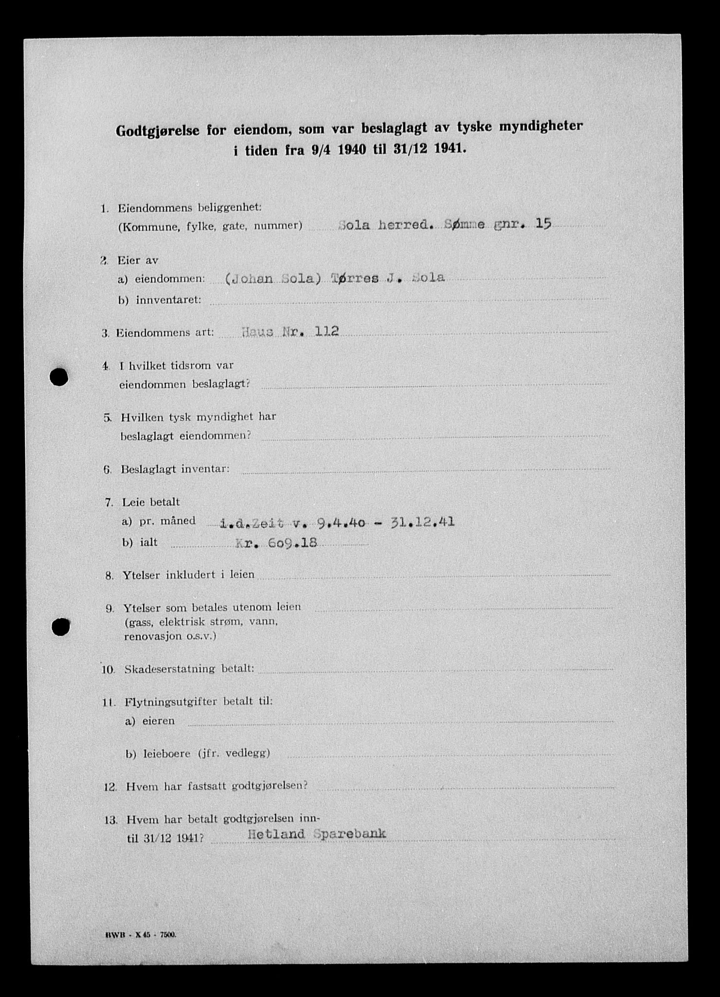 Justisdepartementet, Tilbakeføringskontoret for inndratte formuer, AV/RA-S-1564/I/L1015: Godtgjørelse for beslaglagt eiendom, 1940-1941, s. 231