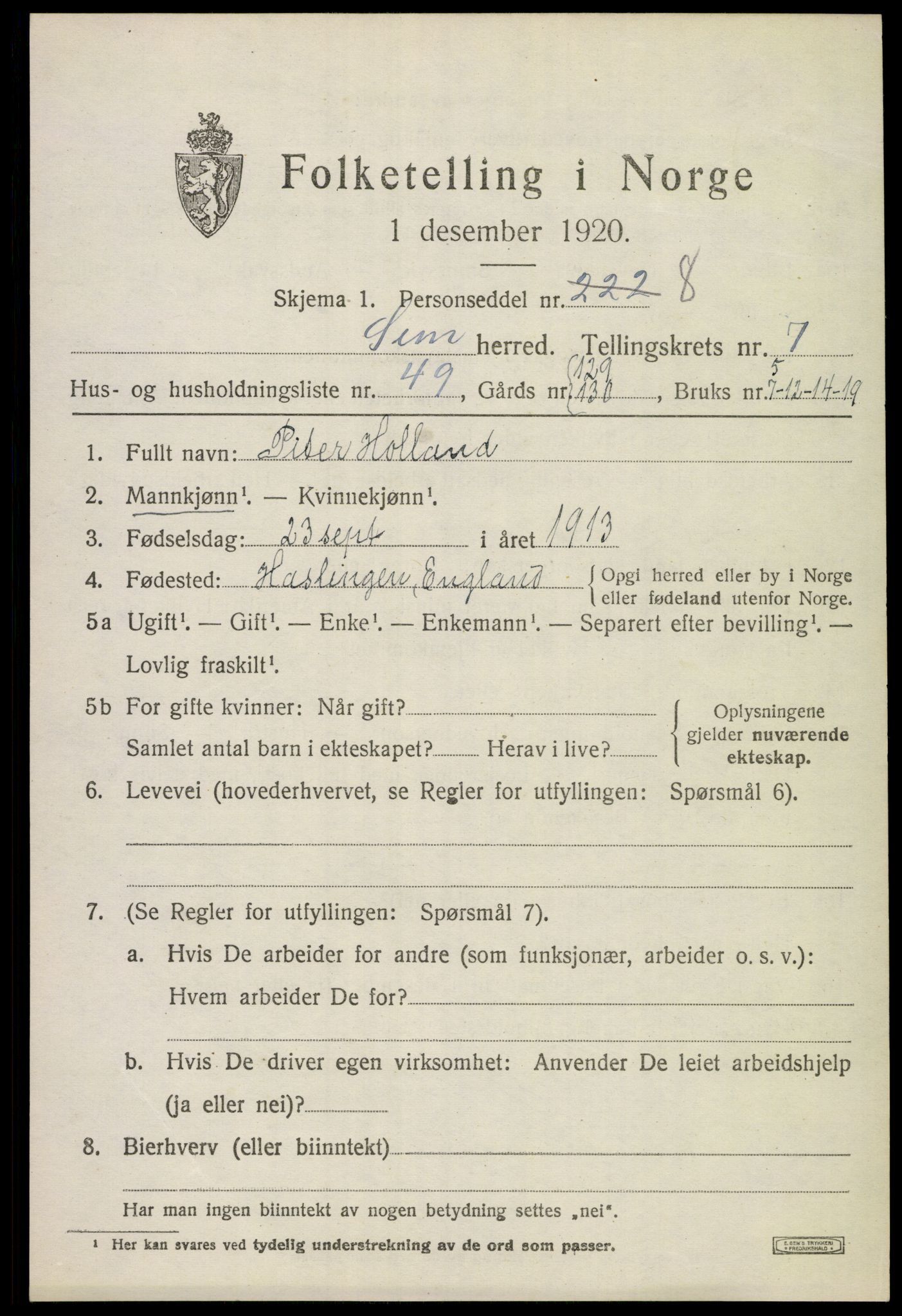 SAKO, Folketelling 1920 for 0721 Sem herred, 1920, s. 10785