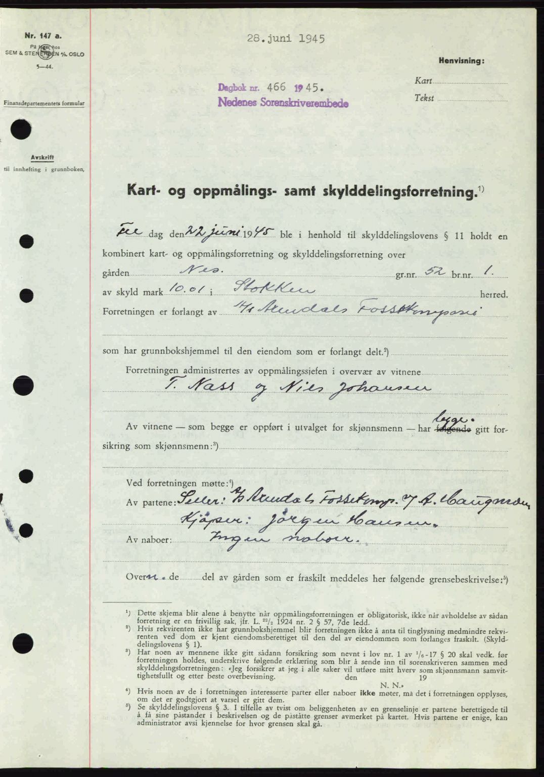 Nedenes sorenskriveri, SAK/1221-0006/G/Gb/Gba/L0052: Pantebok nr. A6a, 1944-1945, Dagboknr: 466/1945