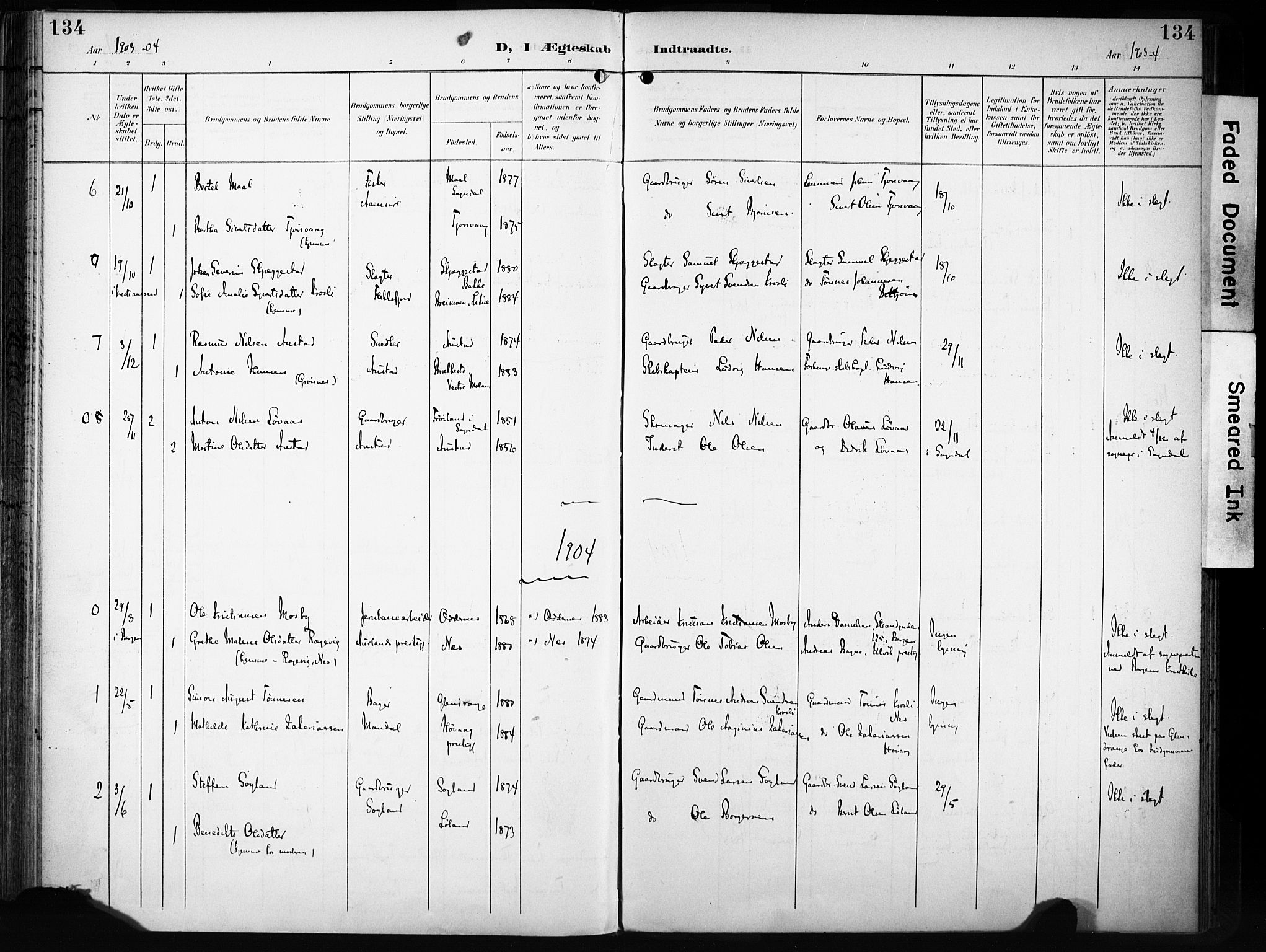 Flekkefjord sokneprestkontor, AV/SAK-1111-0012/F/Fa/Fac/L0009: Ministerialbok nr. A 9, 1899-1909, s. 134