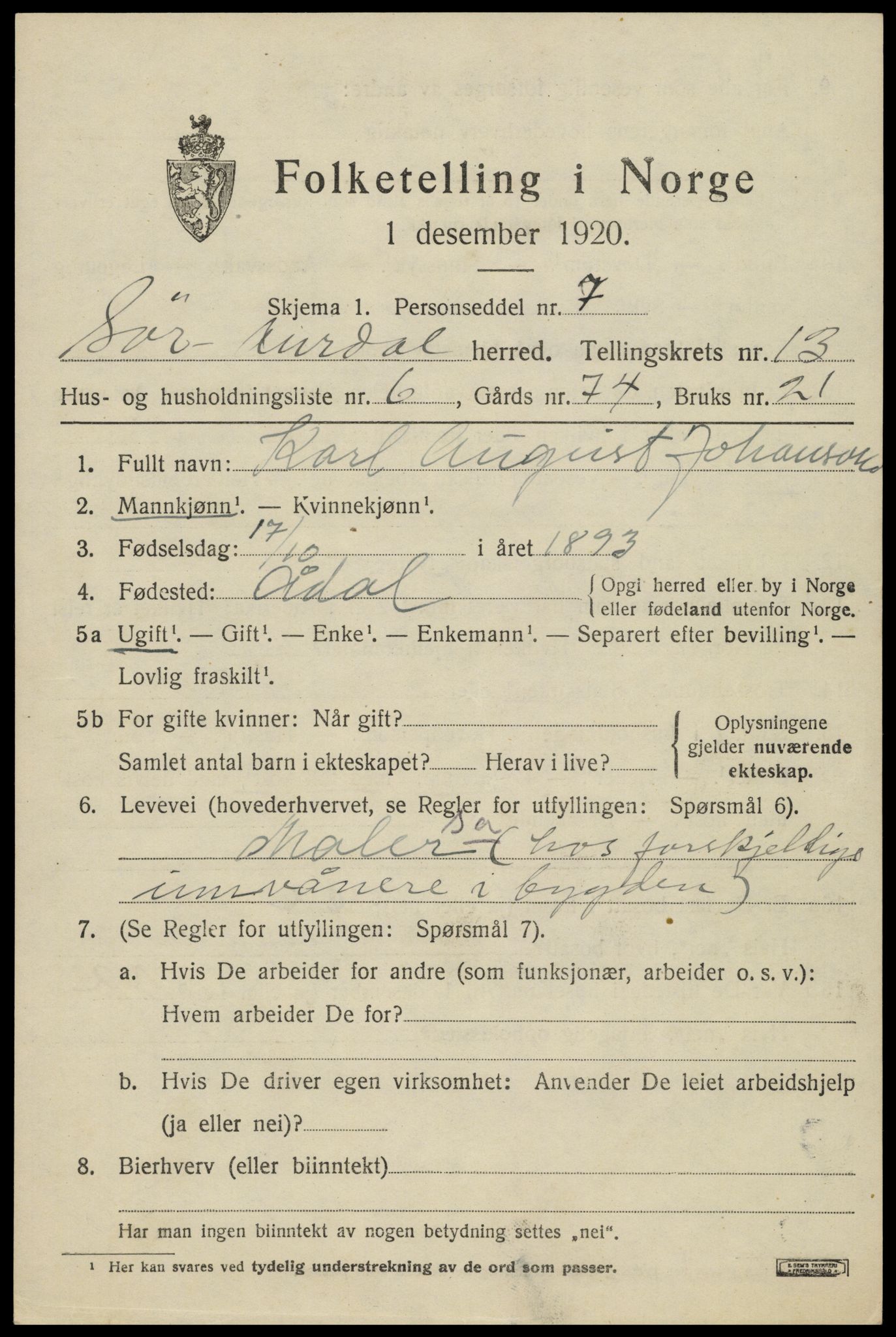 SAH, Folketelling 1920 for 0540 Sør-Aurdal herred, 1920, s. 7741