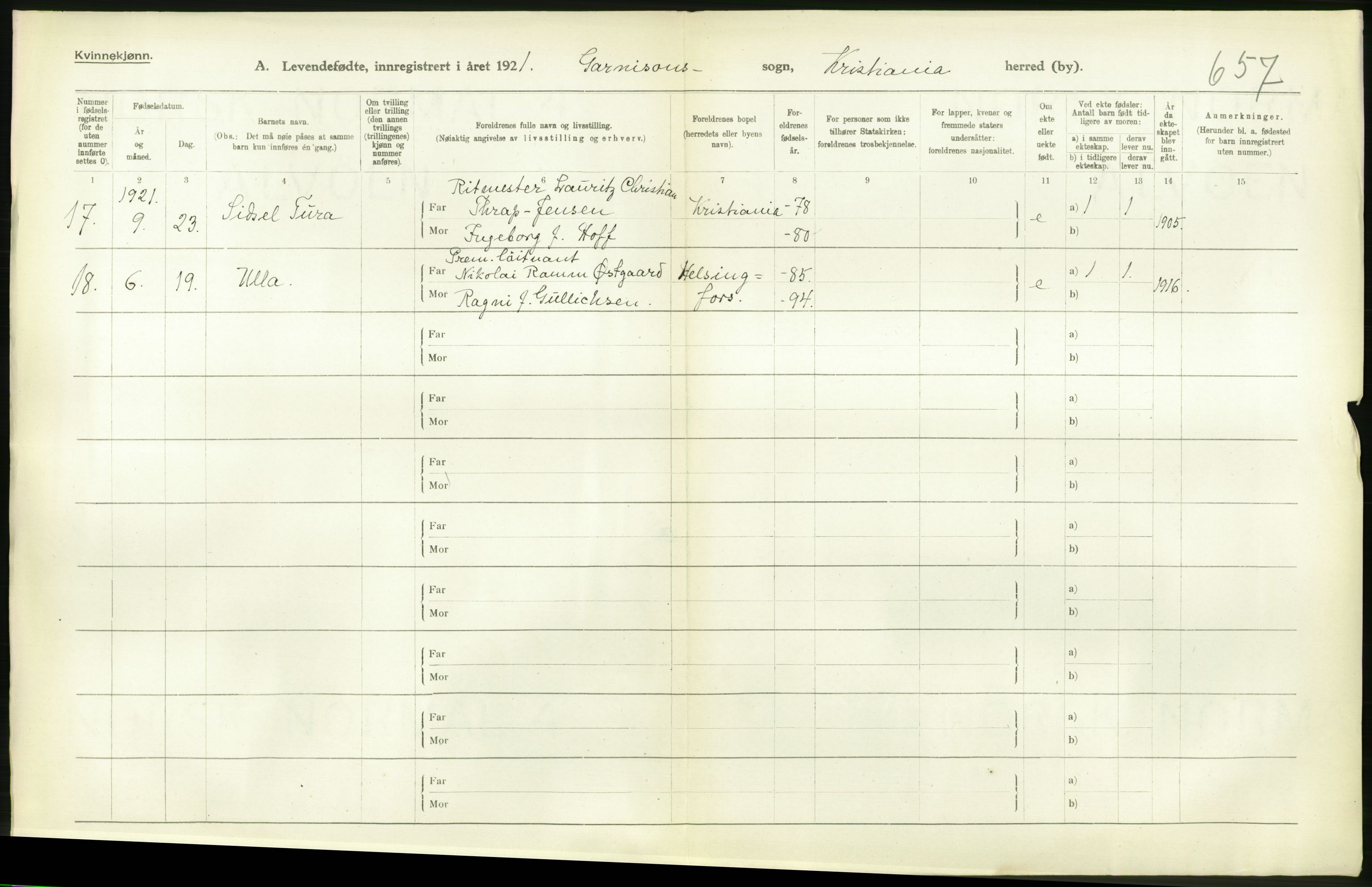 Statistisk sentralbyrå, Sosiodemografiske emner, Befolkning, RA/S-2228/D/Df/Dfc/Dfca/L0009: Kristiania: Levendefødte menn og kvinner., 1921, s. 382