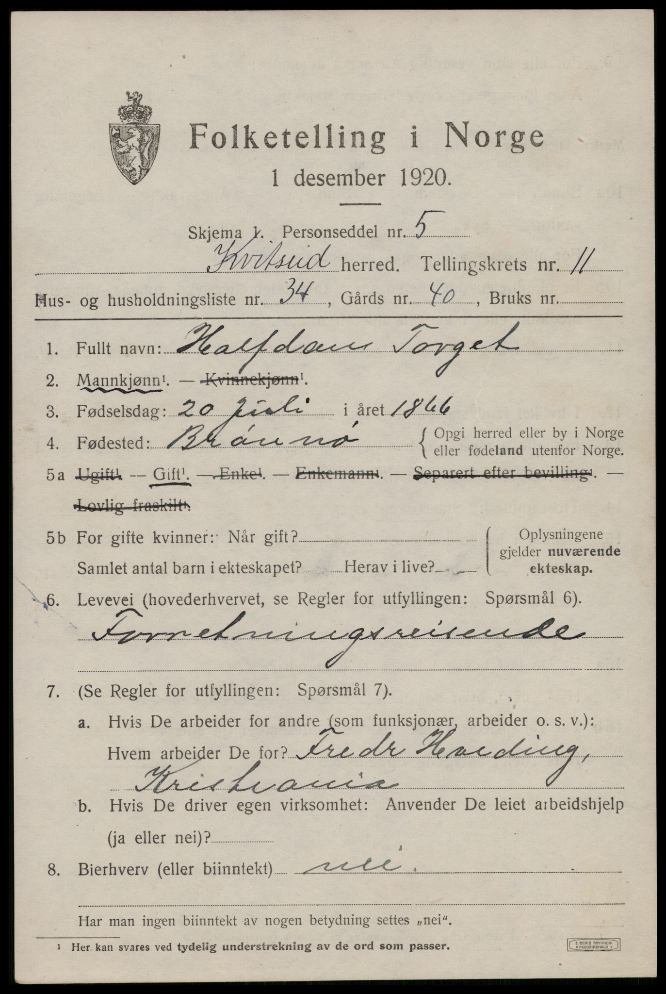 SAKO, Folketelling 1920 for 0829 Kviteseid herred, 1920, s. 5645