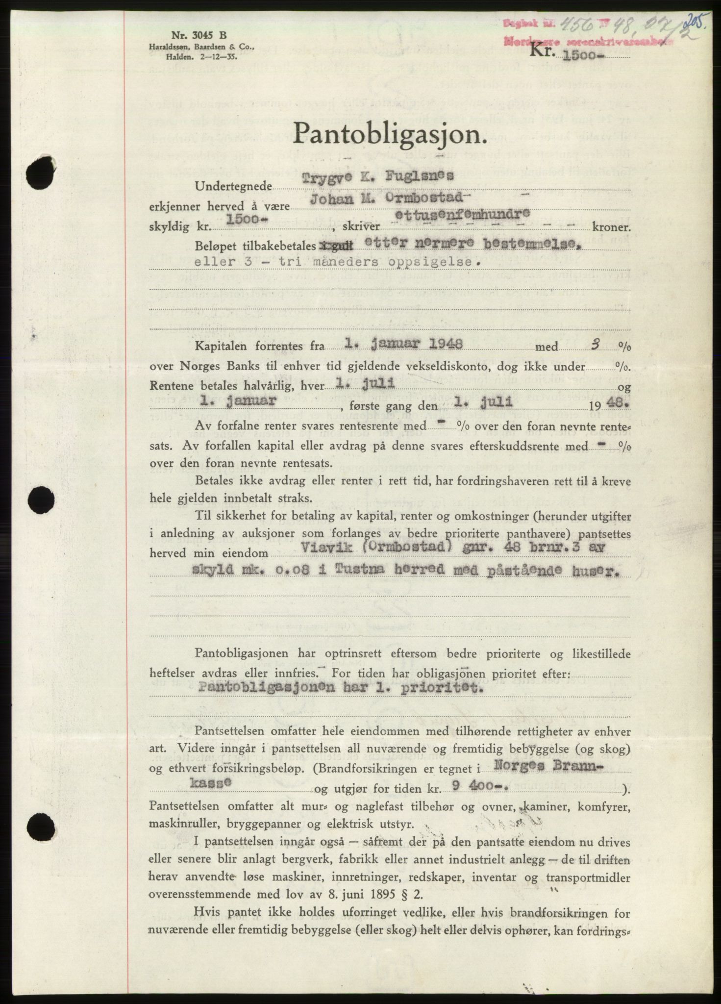 Nordmøre sorenskriveri, SAT/A-4132/1/2/2Ca: Pantebok nr. B98, 1948-1948, Dagboknr: 456/1948
