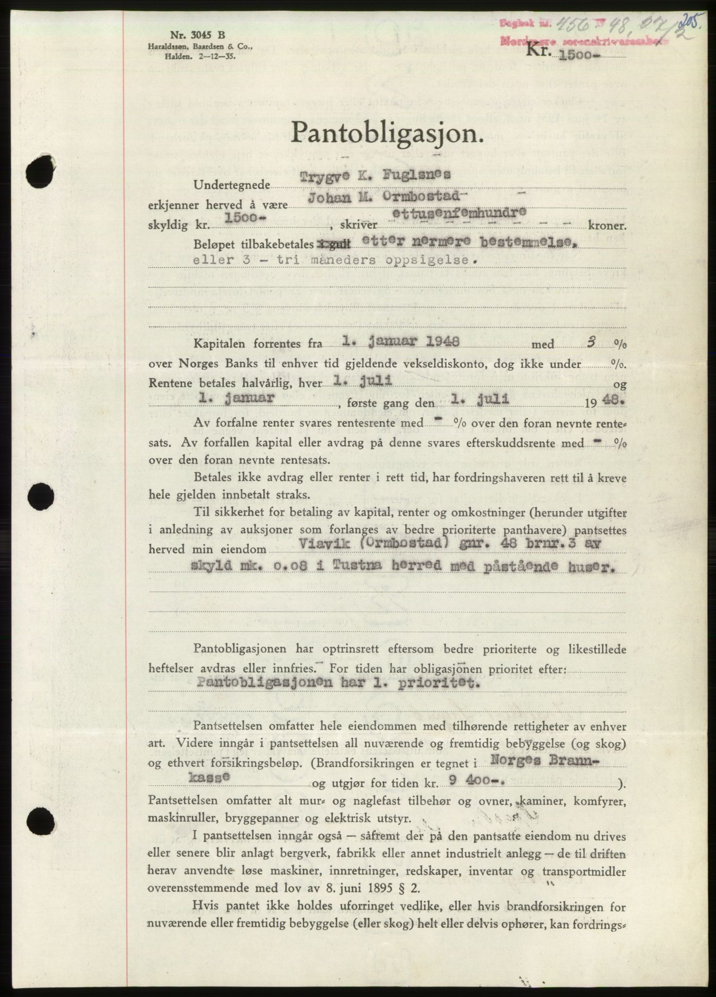 Nordmøre sorenskriveri, AV/SAT-A-4132/1/2/2Ca: Pantebok nr. B98, 1948-1948, Dagboknr: 456/1948