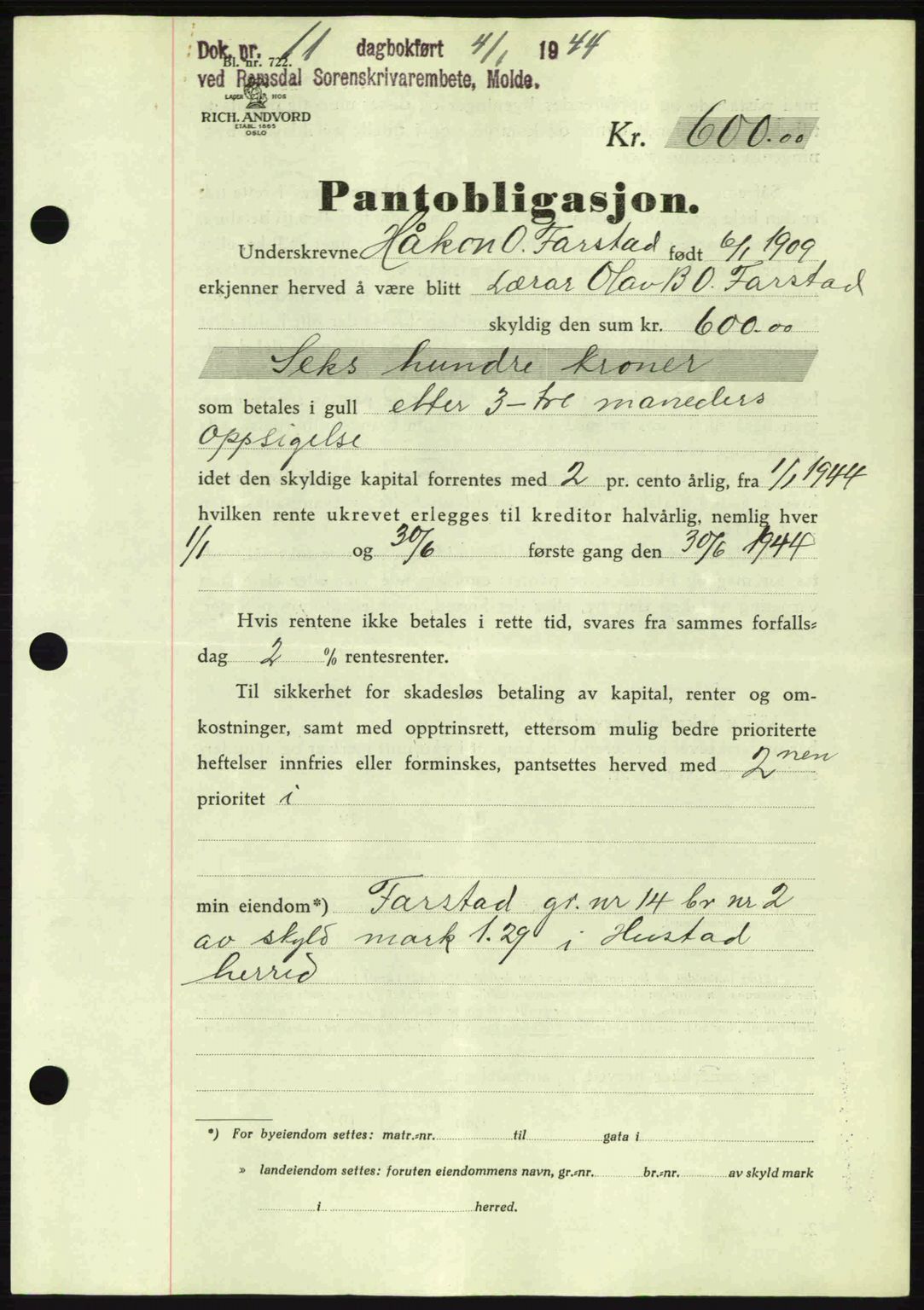 Romsdal sorenskriveri, SAT/A-4149/1/2/2C: Pantebok nr. B2, 1939-1945, Dagboknr: 11/1944
