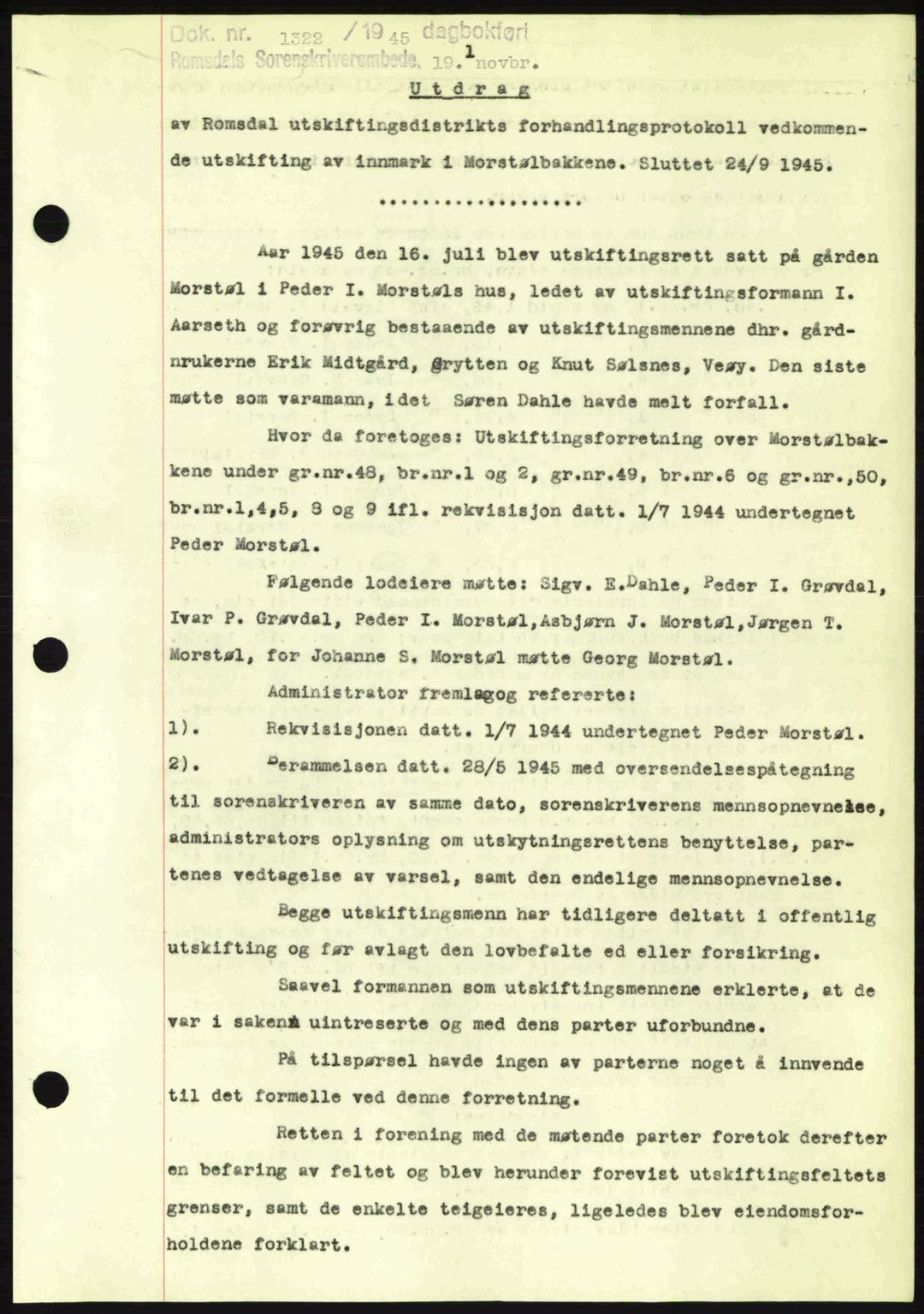 Romsdal sorenskriveri, SAT/A-4149/1/2/2C: Pantebok nr. A18, 1945-1945, Dagboknr: 1322/1945