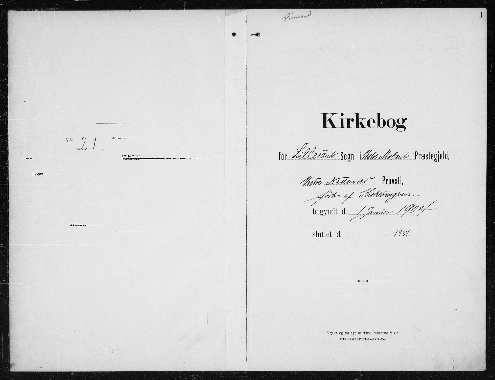Vestre Moland sokneprestkontor, SAK/1111-0046/F/Fb/Fba/L0002: Klokkerbok nr. B 2, 1904-1934, s. 1