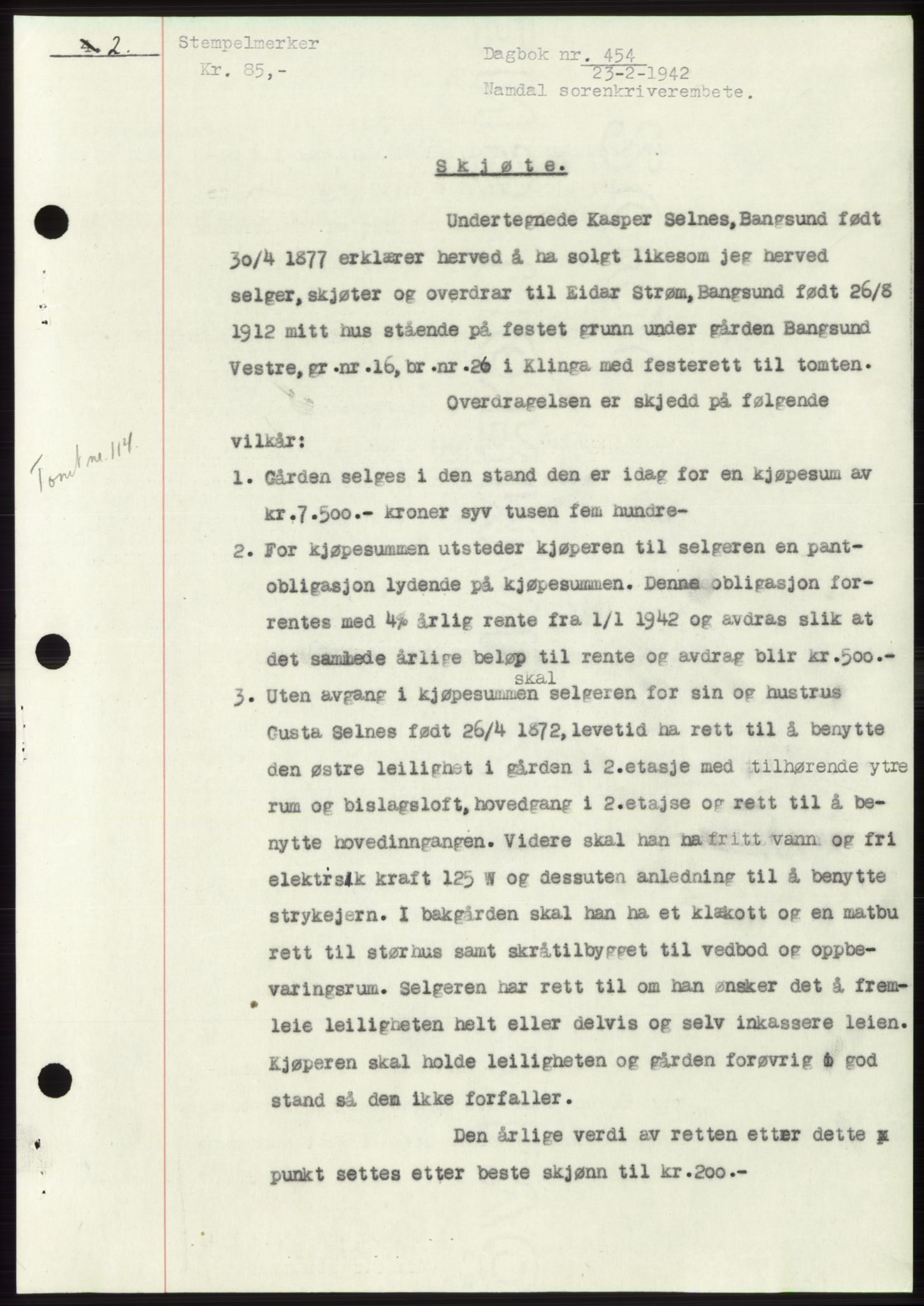 Namdal sorenskriveri, SAT/A-4133/1/2/2C: Pantebok nr. -, 1941-1942, Dagboknr: 454/1942