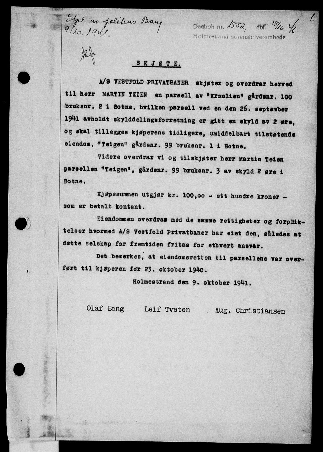 Holmestrand sorenskriveri, SAKO/A-67/G/Ga/Gaa/L0054: Pantebok nr. A-54, 1941-1942, Dagboknr: 1552/1941