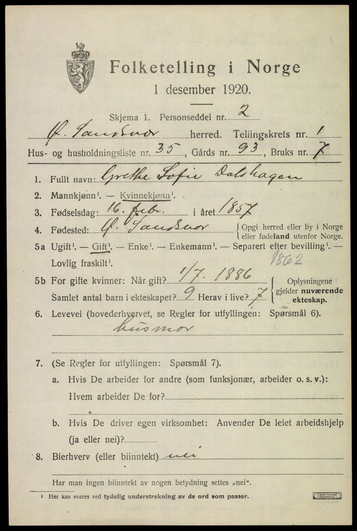 SAKO, Folketelling 1920 for 0630 Øvre Sandsvær herred, 1920, s. 1358