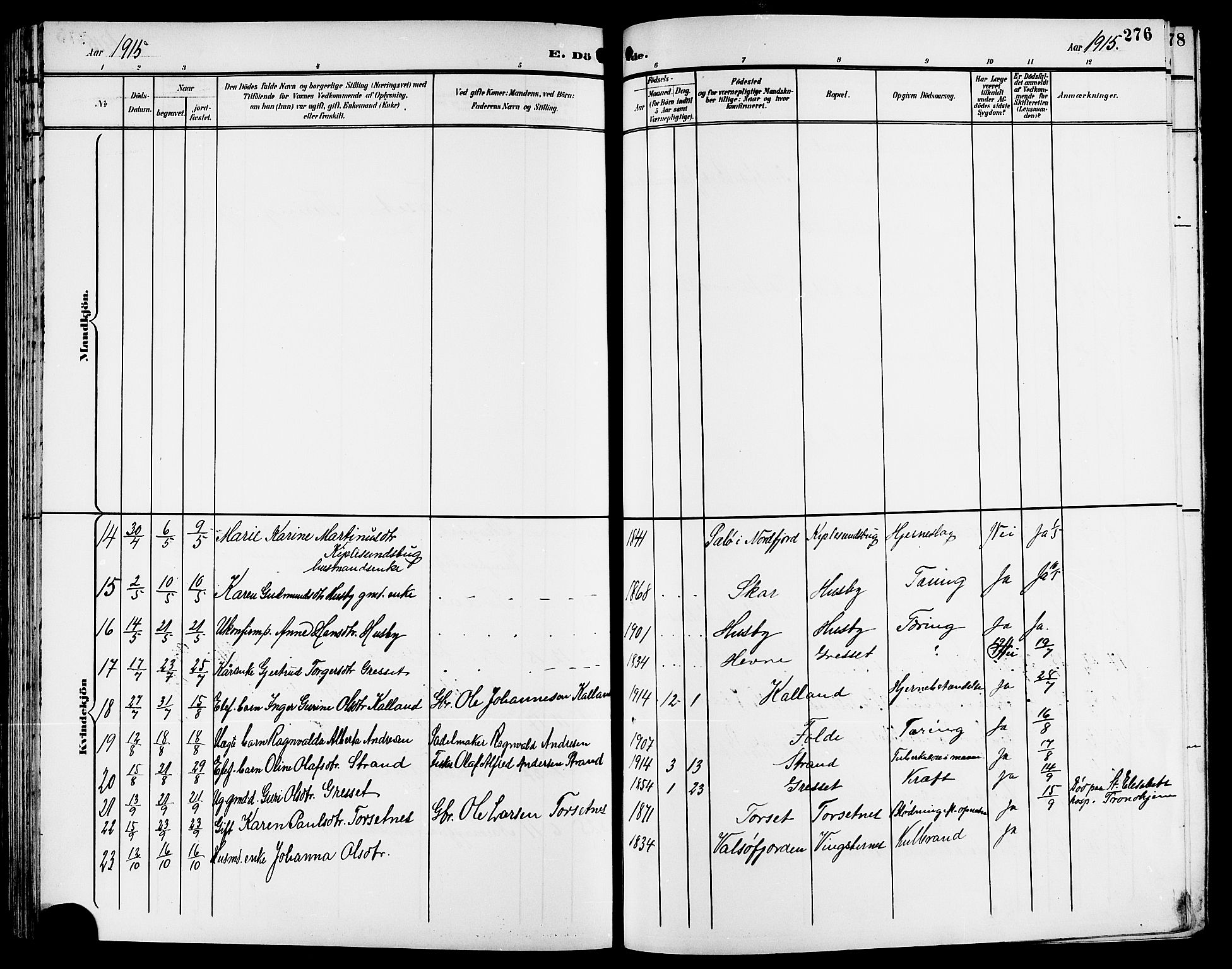 Ministerialprotokoller, klokkerbøker og fødselsregistre - Møre og Romsdal, AV/SAT-A-1454/578/L0910: Klokkerbok nr. 578C03, 1900-1921, s. 276