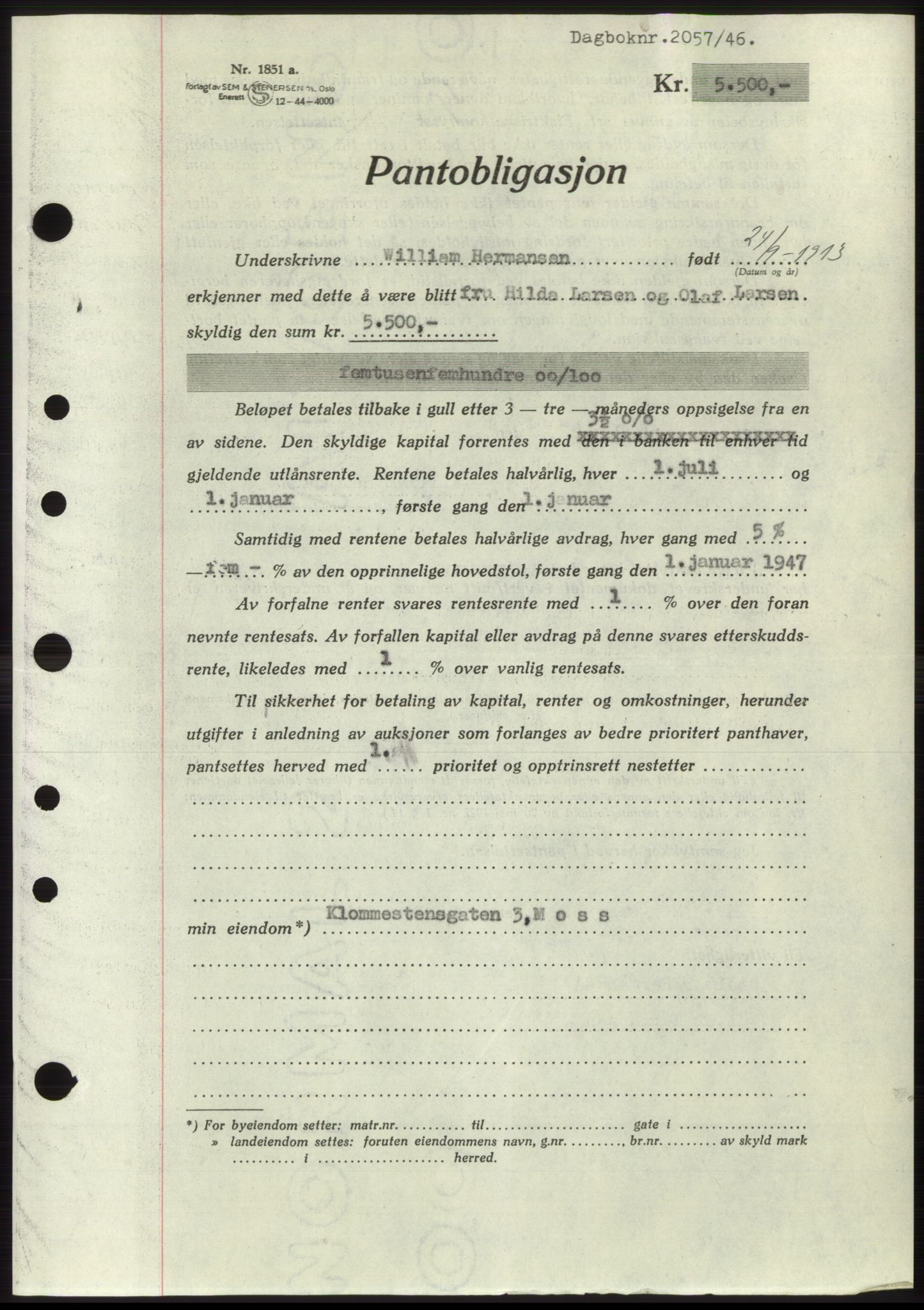 Moss sorenskriveri, SAO/A-10168: Pantebok nr. B15, 1946-1946, Dagboknr: 2057/1946