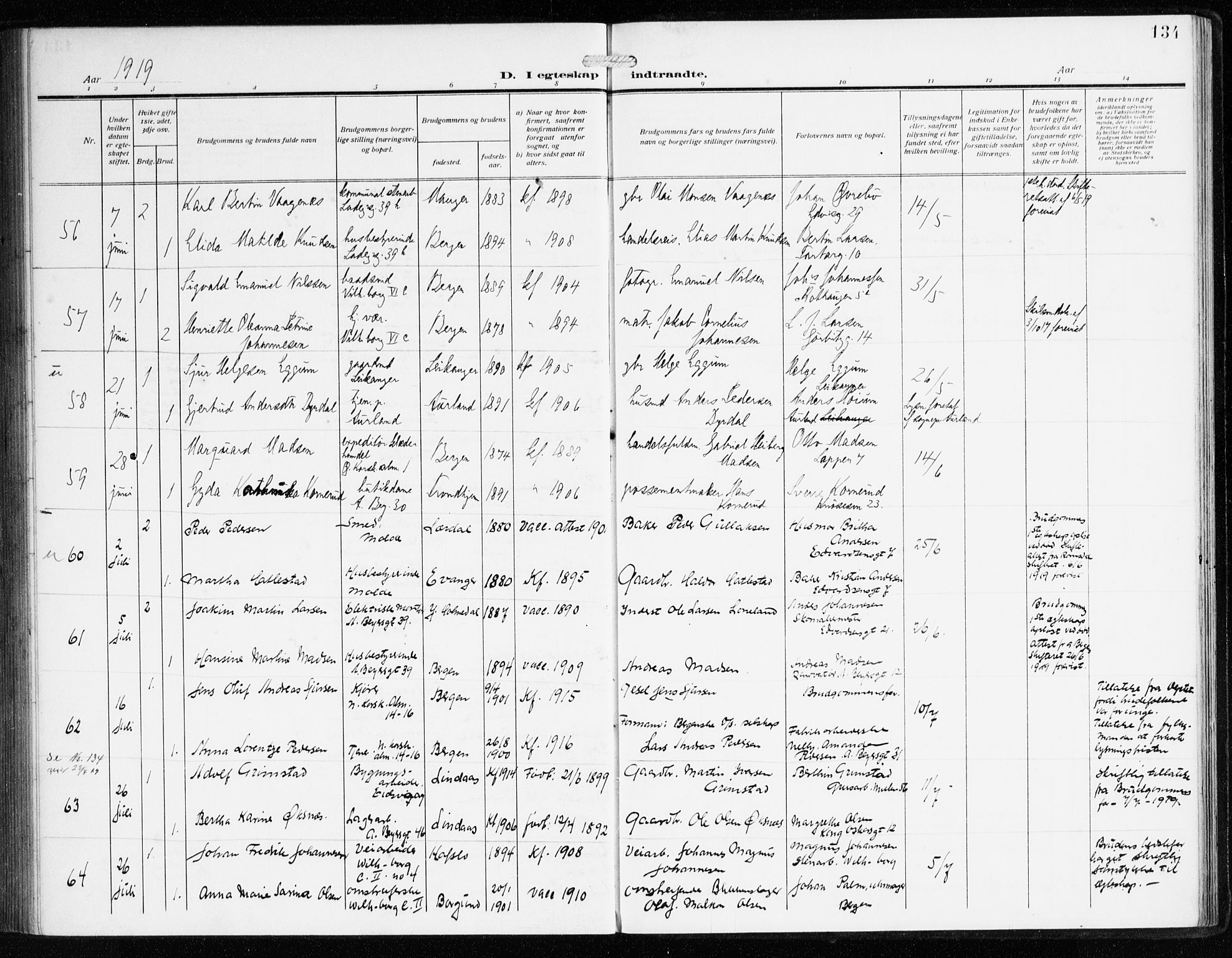 Sandviken Sokneprestembete, AV/SAB-A-77601/H/Ha/L0015: Ministerialbok nr. D 2, 1911-1923, s. 134