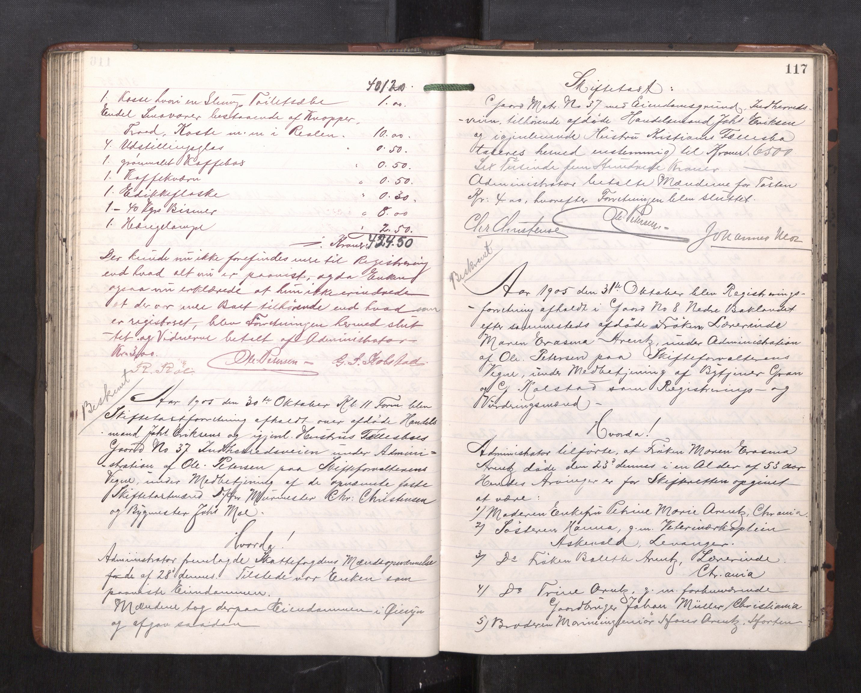Trondheim byfogd, AV/SAT-A-0003/1/3/3C/L0023: Skifteregistreringsprotokoll - 11/2-15/5. (u/ register), 1905-1907, s. 117