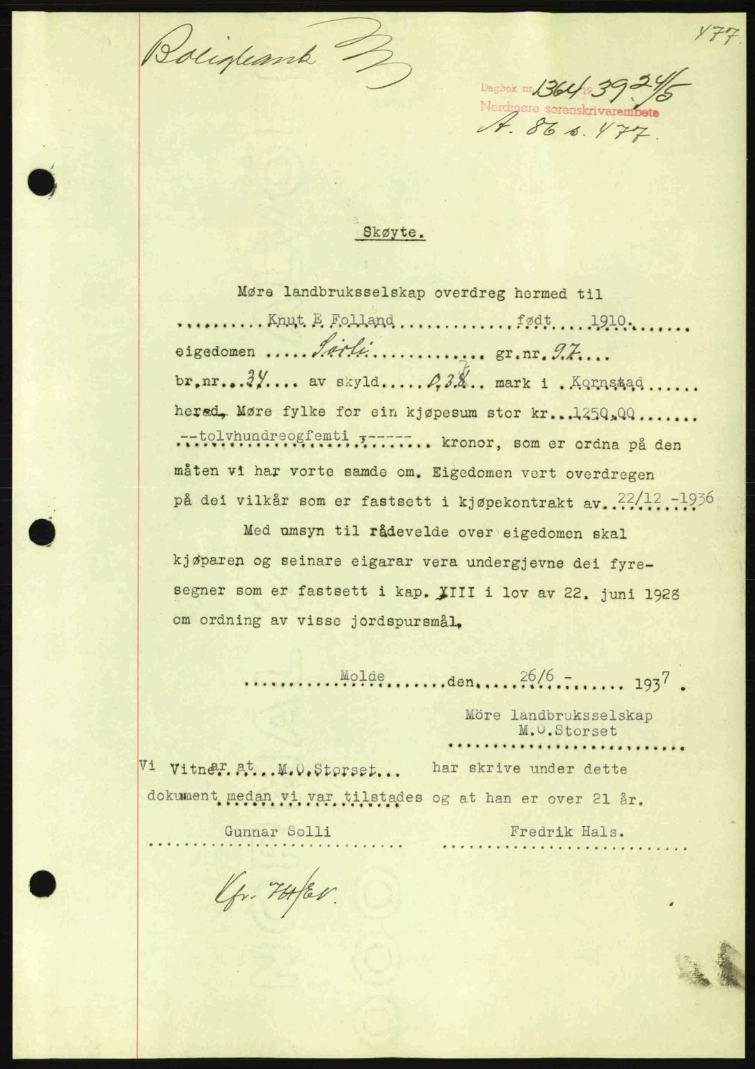 Nordmøre sorenskriveri, SAT/A-4132/1/2/2Ca: Pantebok nr. A86, 1939-1939, Dagboknr: 1364/1939
