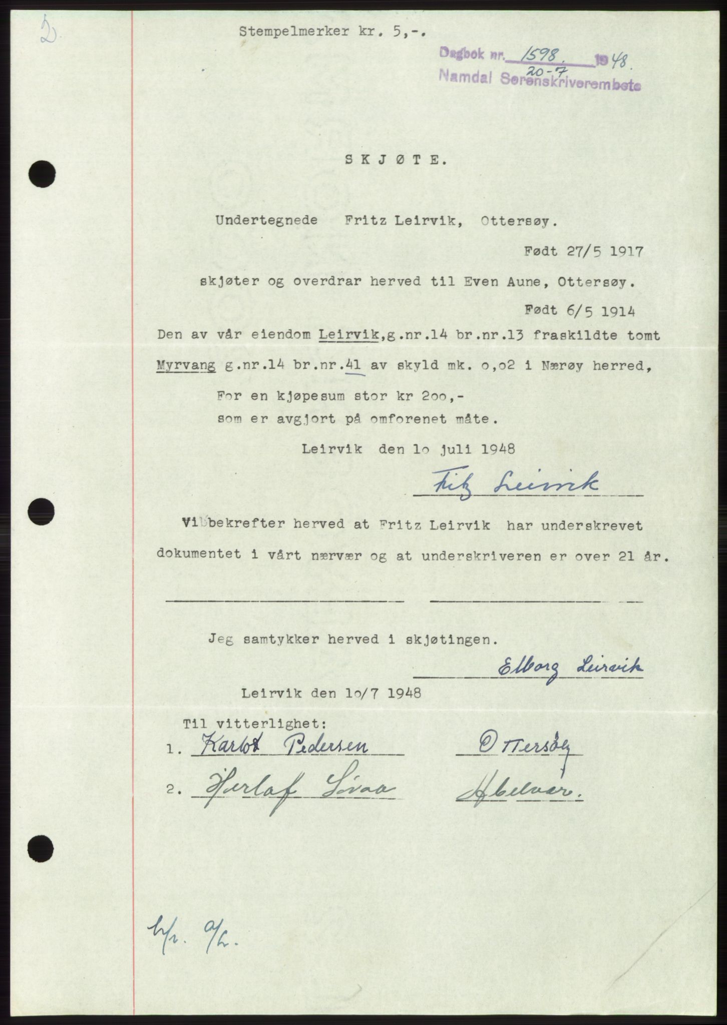 Namdal sorenskriveri, SAT/A-4133/1/2/2C: Pantebok nr. -, 1948-1948, Dagboknr: 1598/1948
