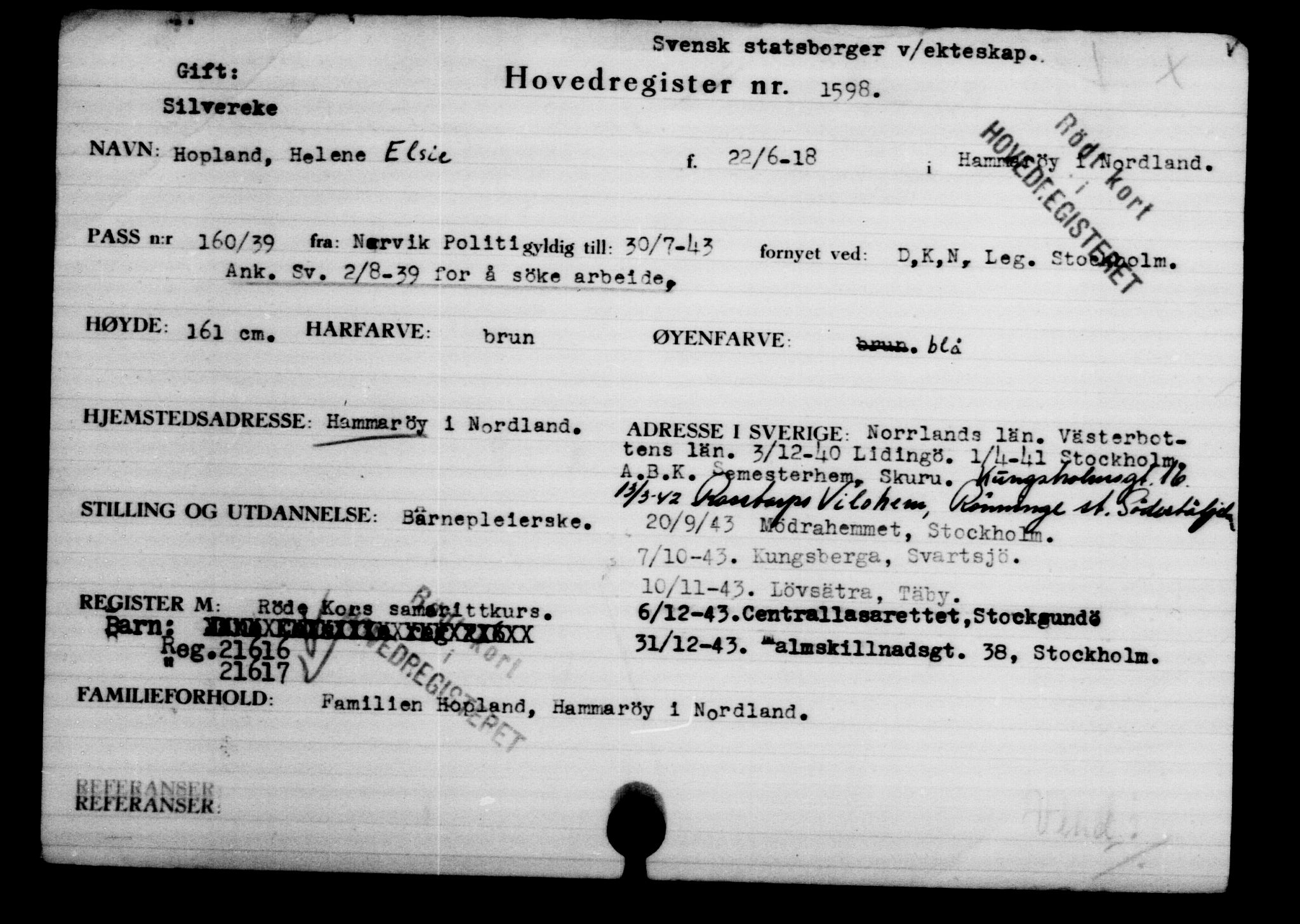 Utenriksstasjonene, Legasjonen i Stockholm, Flyktningkontoret, AV/RA-S-6753/V/Va/L0002: Kjesäterkartoteket, flyktninger med registreringsnr. 1001-2000, 1940-1945, s. 856