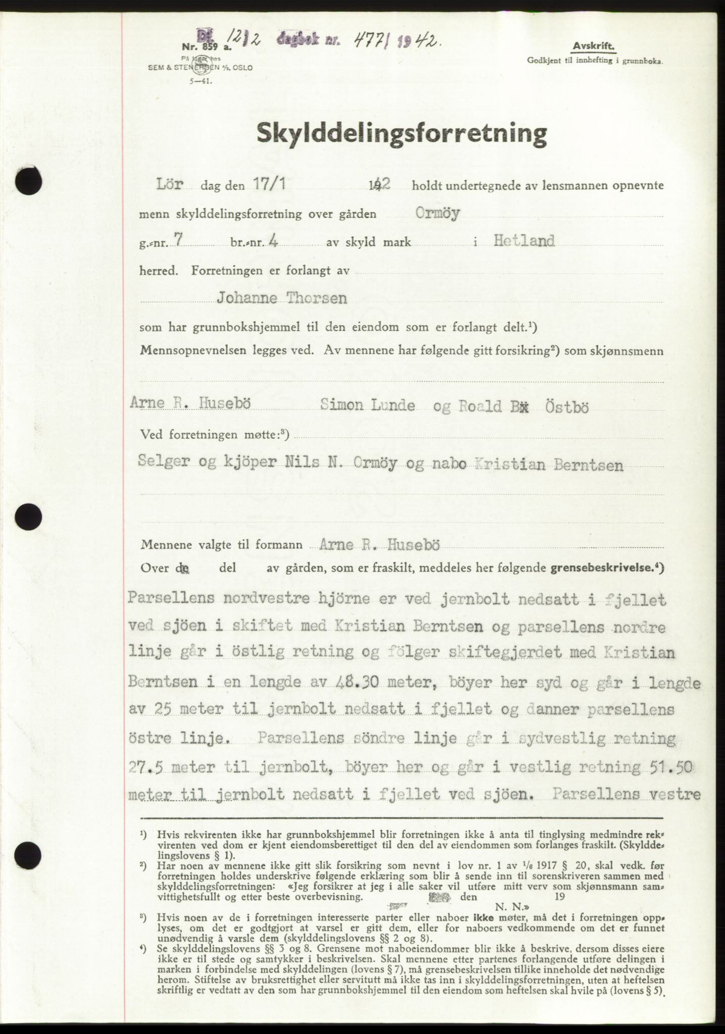 Jæren sorenskriveri, SAST/A-100310/03/G/Gba/L0082: Pantebok, 1942-1942, Dagboknr: 477/1942