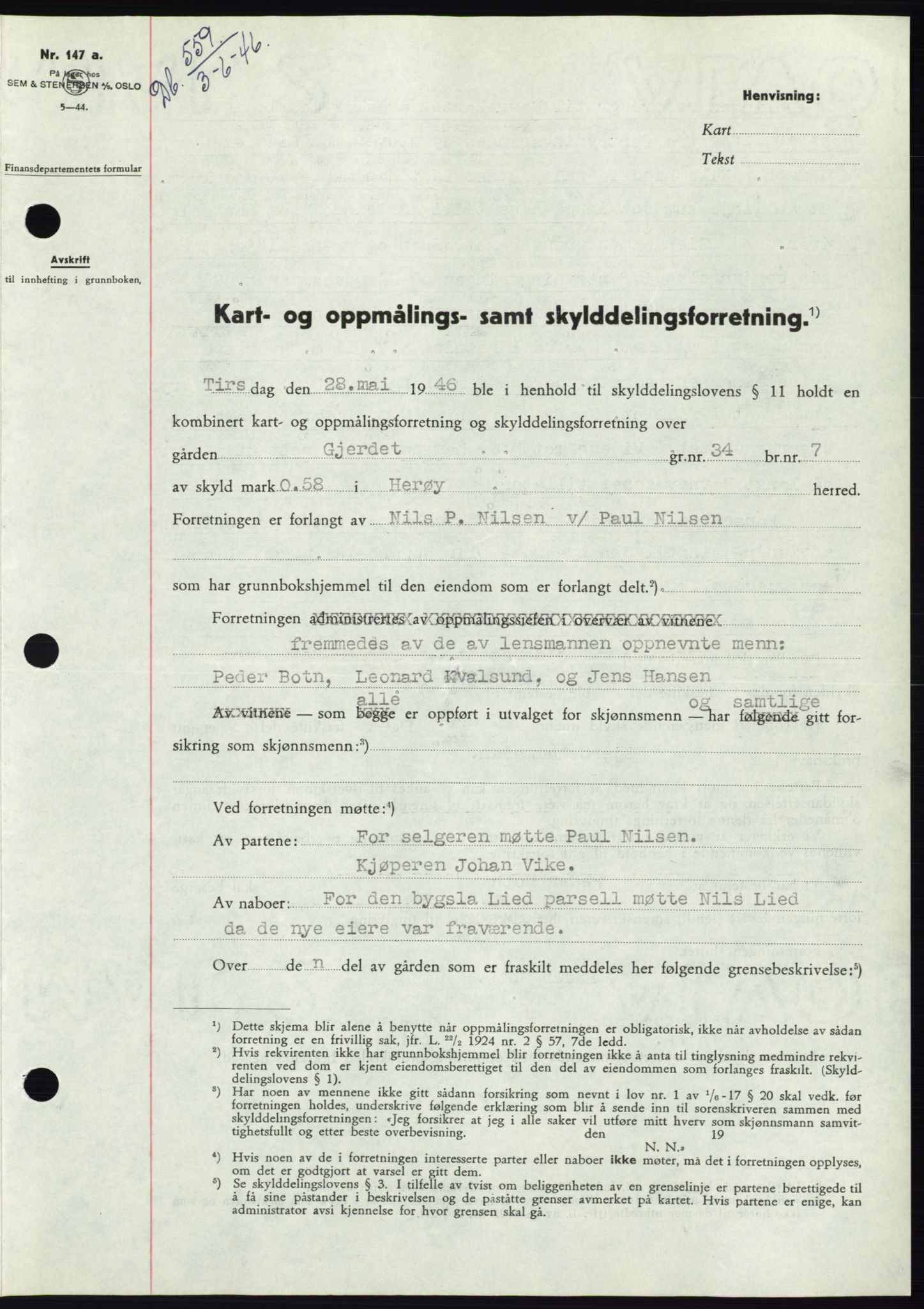 Søre Sunnmøre sorenskriveri, AV/SAT-A-4122/1/2/2C/L0078: Pantebok nr. 4A, 1946-1946, Dagboknr: 559/1946