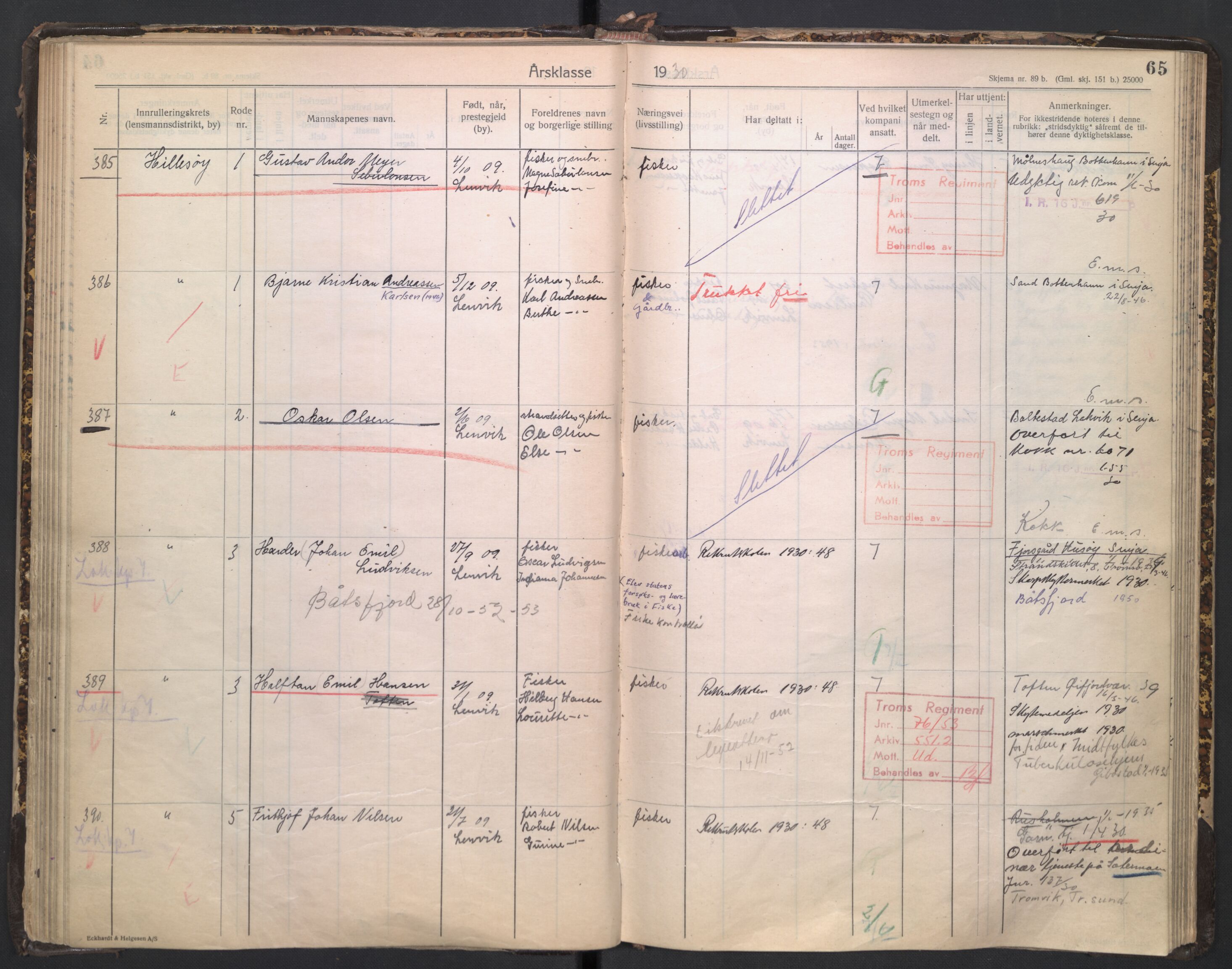 Forsvaret, Troms infanteriregiment nr. 16, AV/RA-RAFA-3146/P/Pa/L0005/0003: Ruller / Rulle for regimentets stridende menige mannskaper, årsklasse 1930, 1930, s. 65