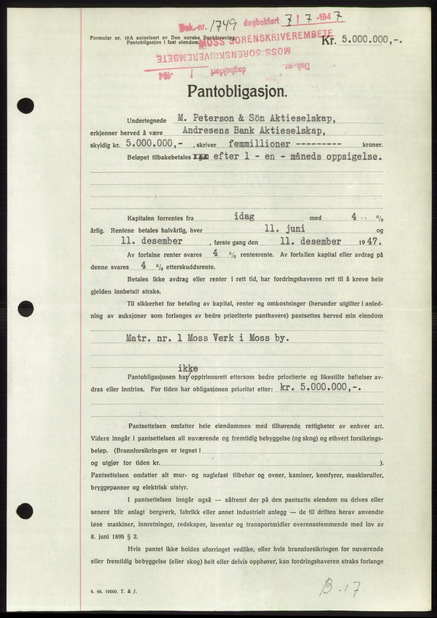 Moss sorenskriveri, SAO/A-10168: Pantebok nr. B17, 1947-1947, Dagboknr: 1749/1947