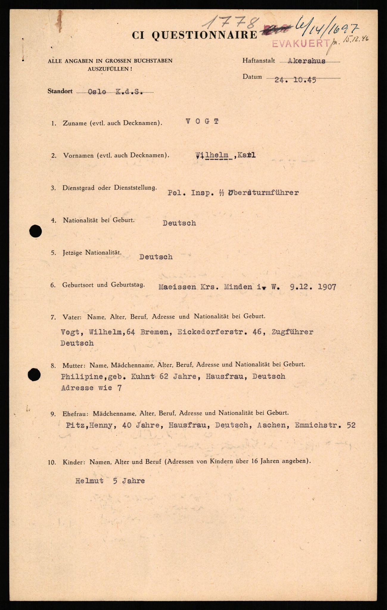 Forsvaret, Forsvarets overkommando II, AV/RA-RAFA-3915/D/Db/L0034: CI Questionaires. Tyske okkupasjonsstyrker i Norge. Tyskere., 1945-1946, s. 298