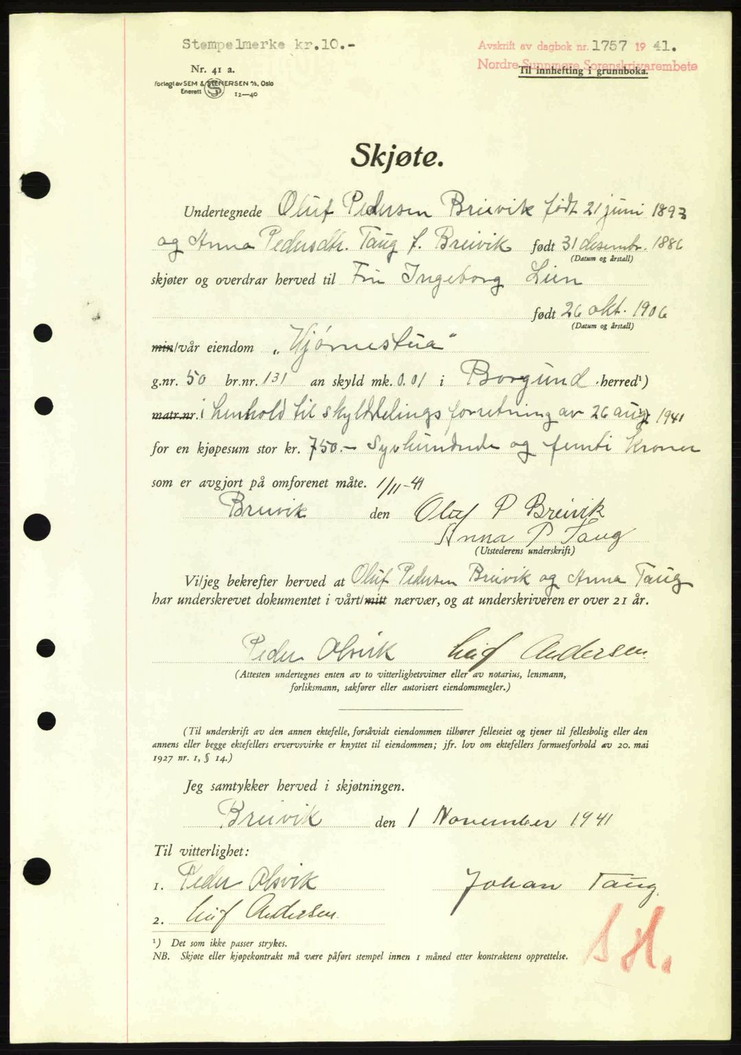 Nordre Sunnmøre sorenskriveri, AV/SAT-A-0006/1/2/2C/2Ca: Pantebok nr. A12, 1941-1942, Dagboknr: 1757/1941