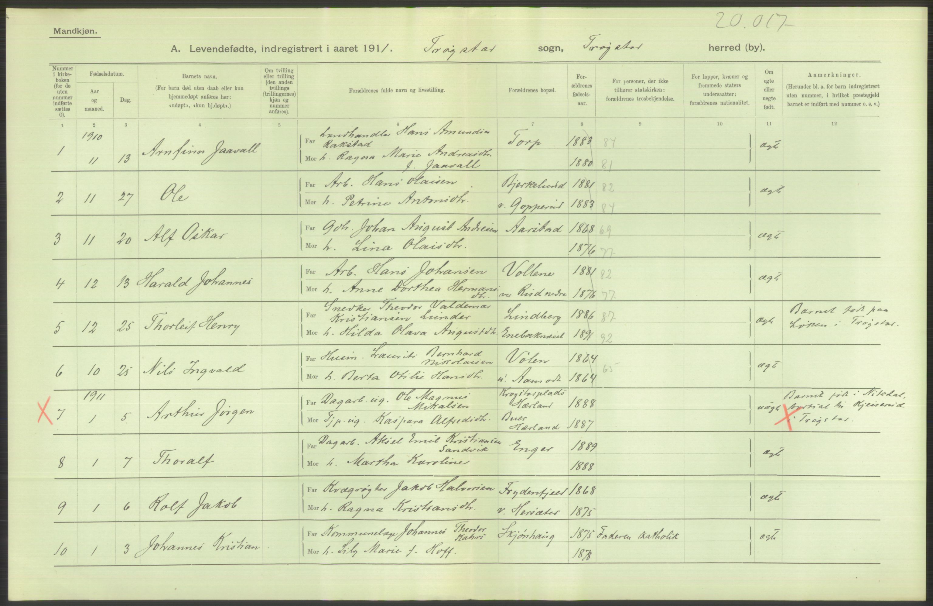 Statistisk sentralbyrå, Sosiodemografiske emner, Befolkning, AV/RA-S-2228/D/Df/Dfb/Dfba/L0001: Smålenenes amt: Levendefødte menn og kvinner. Bygder., 1911, s. 42
