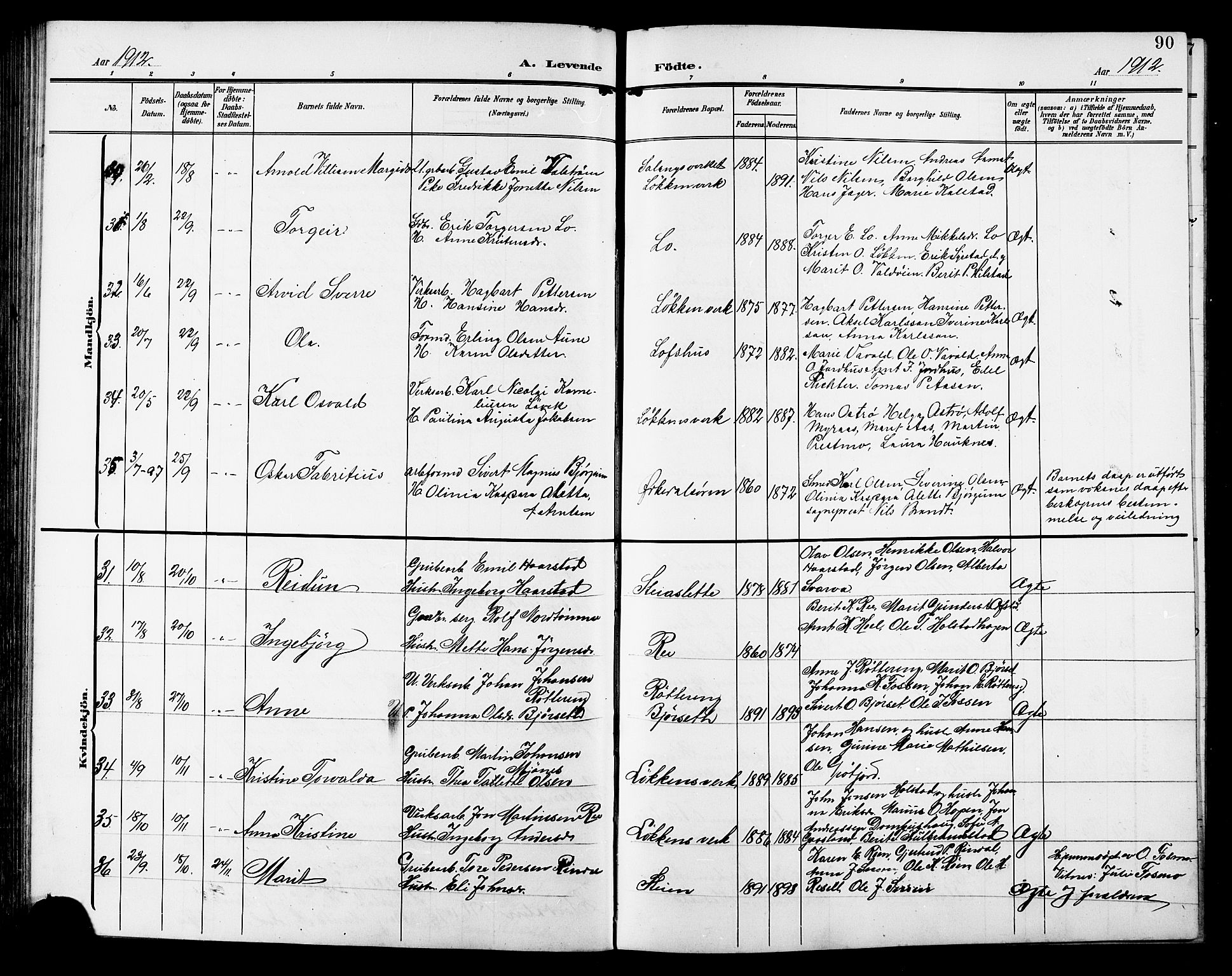 Ministerialprotokoller, klokkerbøker og fødselsregistre - Sør-Trøndelag, AV/SAT-A-1456/672/L0864: Klokkerbok nr. 672C03, 1902-1914, s. 90