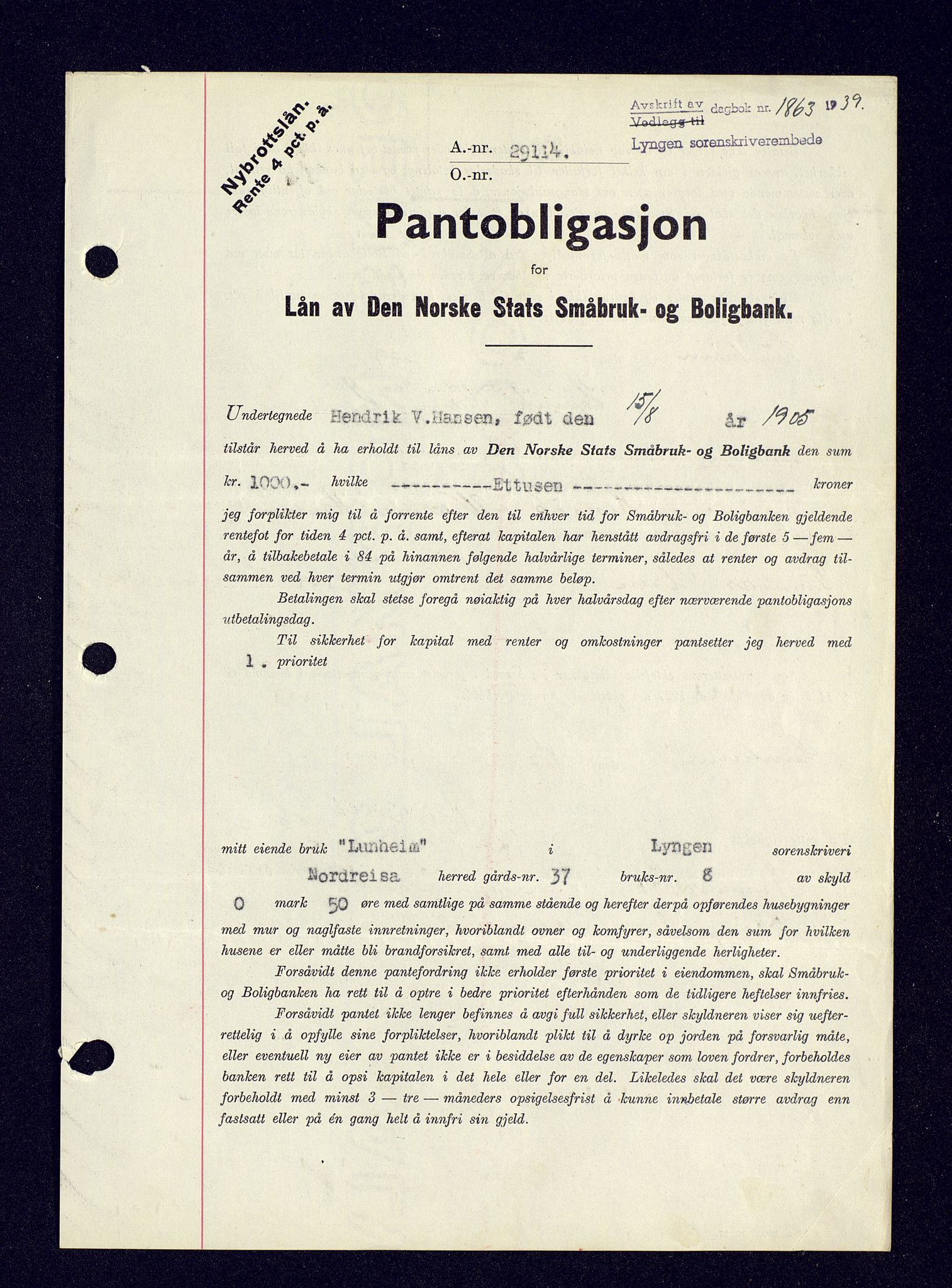 Lyngen sorenskriveri, AV/SATØ-SATØ-0052/1/G/Gf/L0001: Pantebok nr. B 25-31, 1936-1942, Dagboknr: 1863/1939
