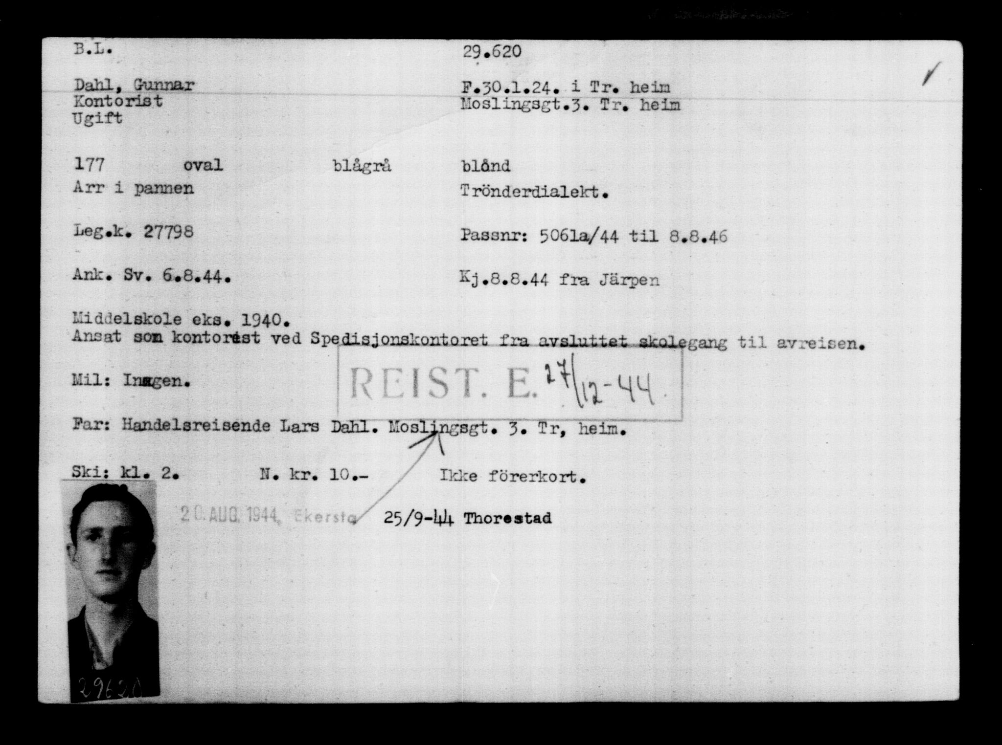 Utenriksstasjonene, Legasjonen i Stockholm, Flyktningkontoret, AV/RA-S-6753/V/Va/L0012: Kjesäterkartoteket, flyktninger med registreringsnr. 28300-31566, 1940-1945, s. 1451