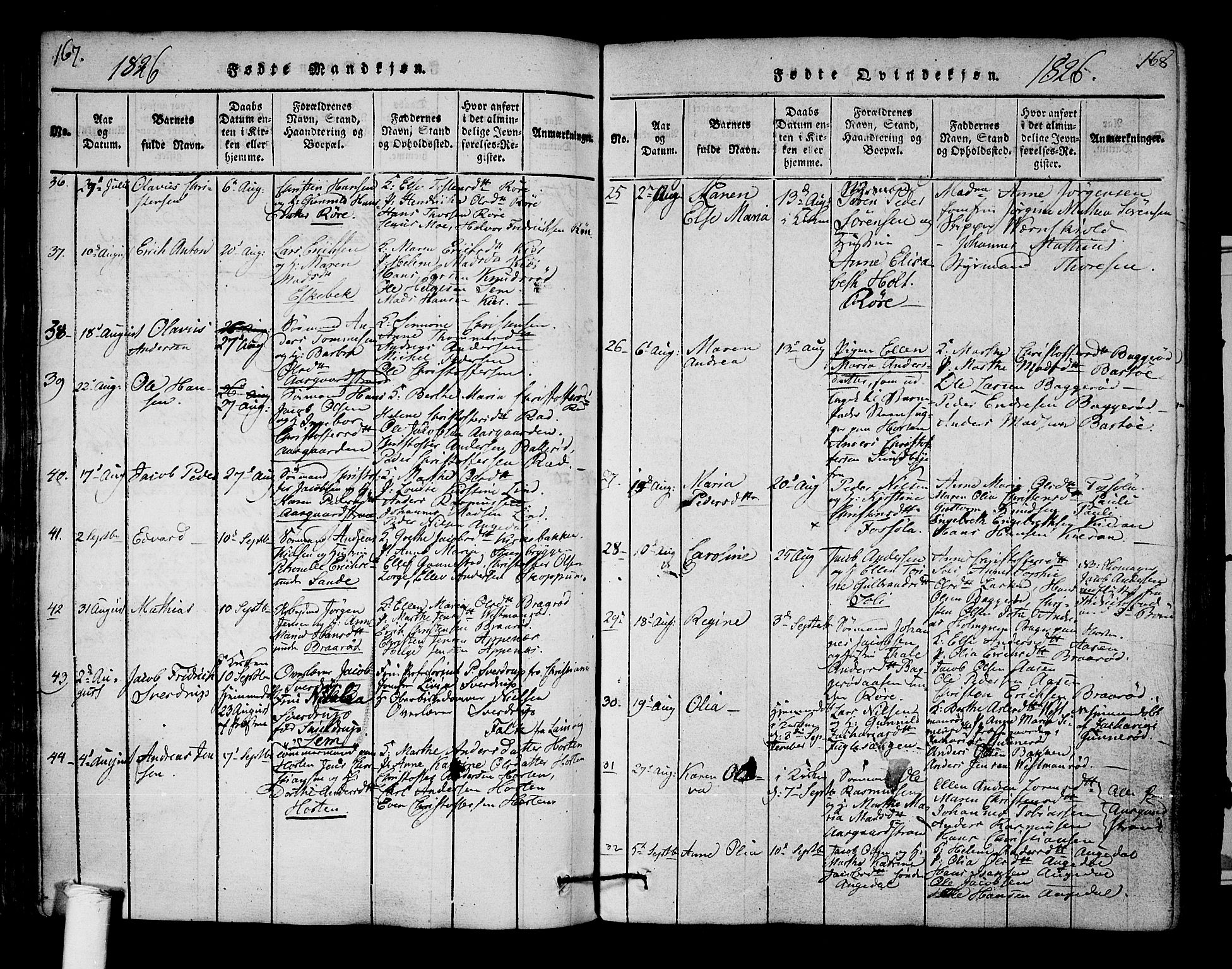 Borre kirkebøker, AV/SAKO-A-338/F/Fa/L0004: Ministerialbok nr. I 4, 1815-1845, s. 167-168