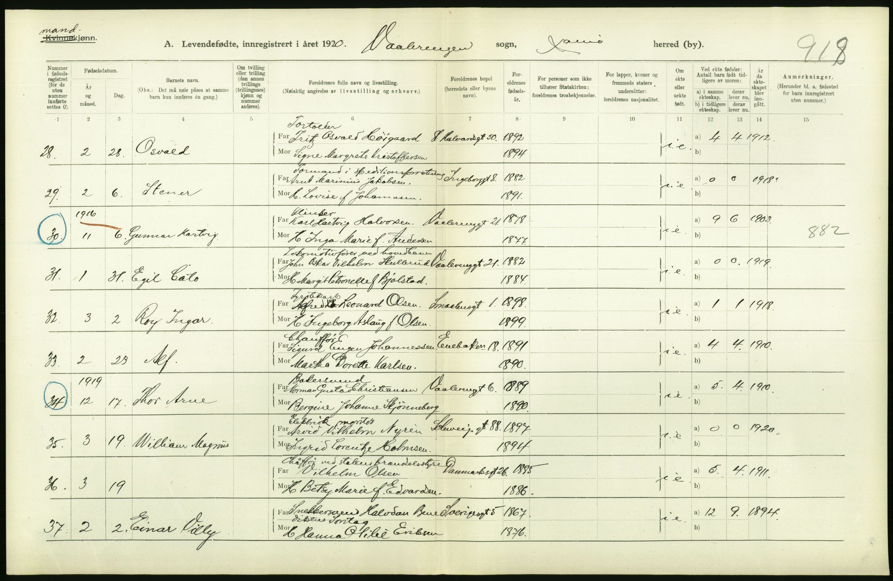 Statistisk sentralbyrå, Sosiodemografiske emner, Befolkning, AV/RA-S-2228/D/Df/Dfb/Dfbj/L0008: Kristiania: Levendefødte menn og kvinner., 1920, s. 88