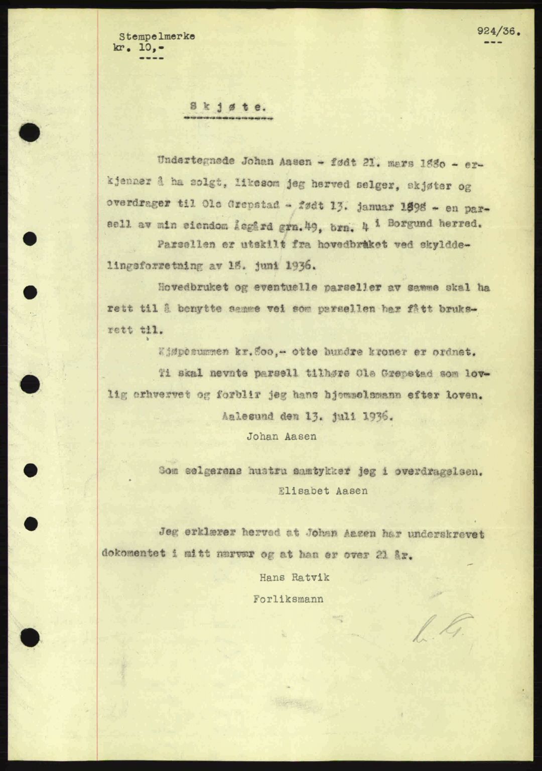 Nordre Sunnmøre sorenskriveri, AV/SAT-A-0006/1/2/2C/2Ca: Pantebok nr. A1, 1936-1936, Dagboknr: 924/1936